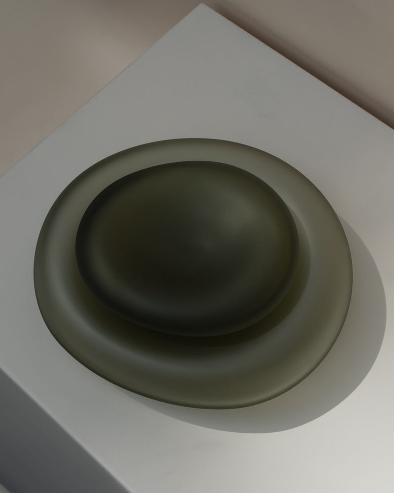 Glass Sculptures SEAGLASS | color smoke green — top view of layered glass bowls