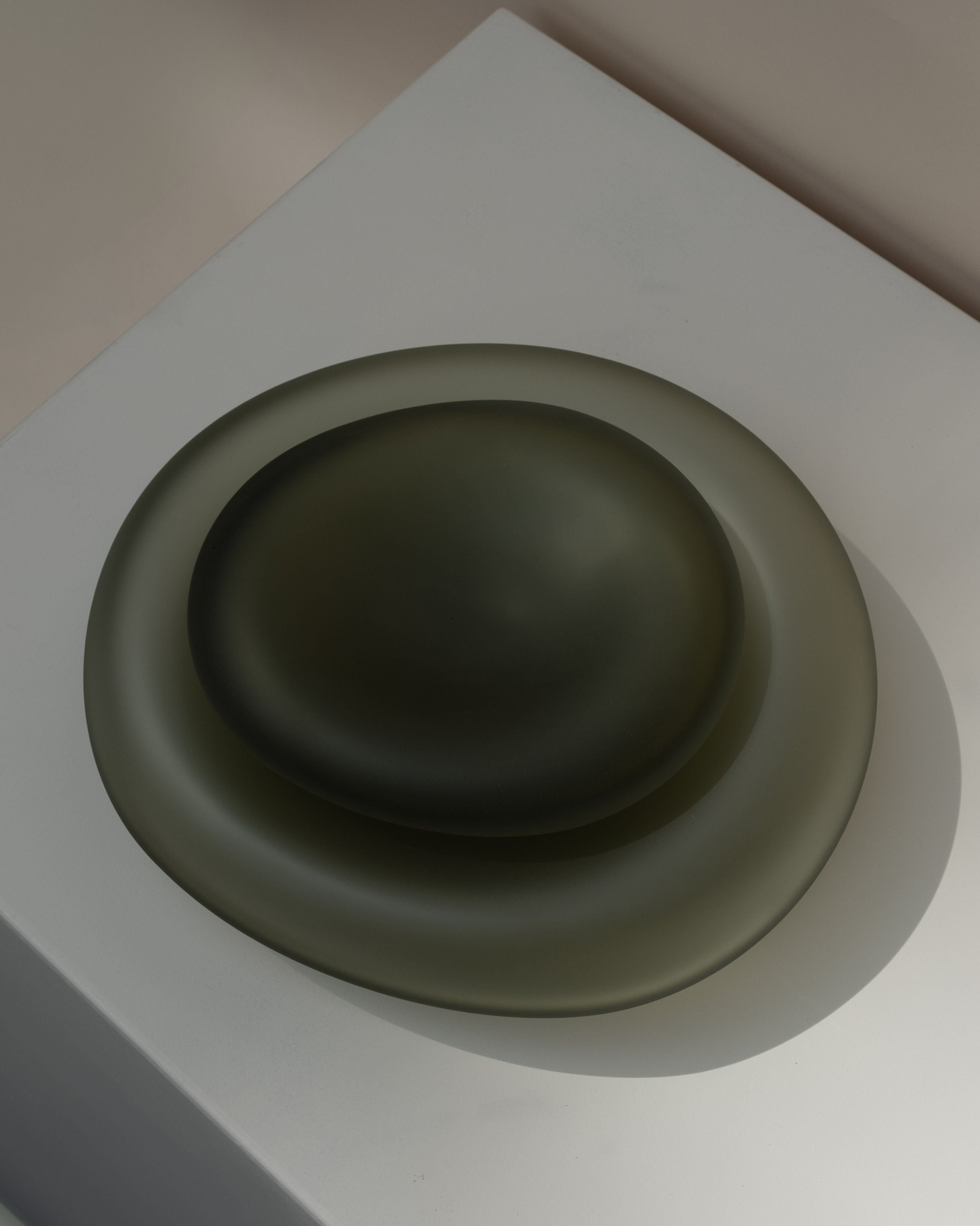 Glass Sculptures SEAGLASS | color smoke green — top view of layered glass bowls