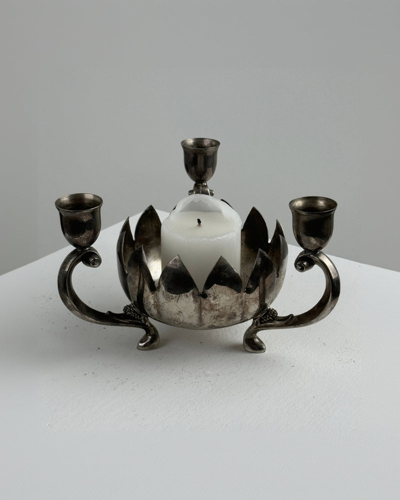 Three-Light Silver-Plated Table Candelabrum with Lotus Motif — detail view