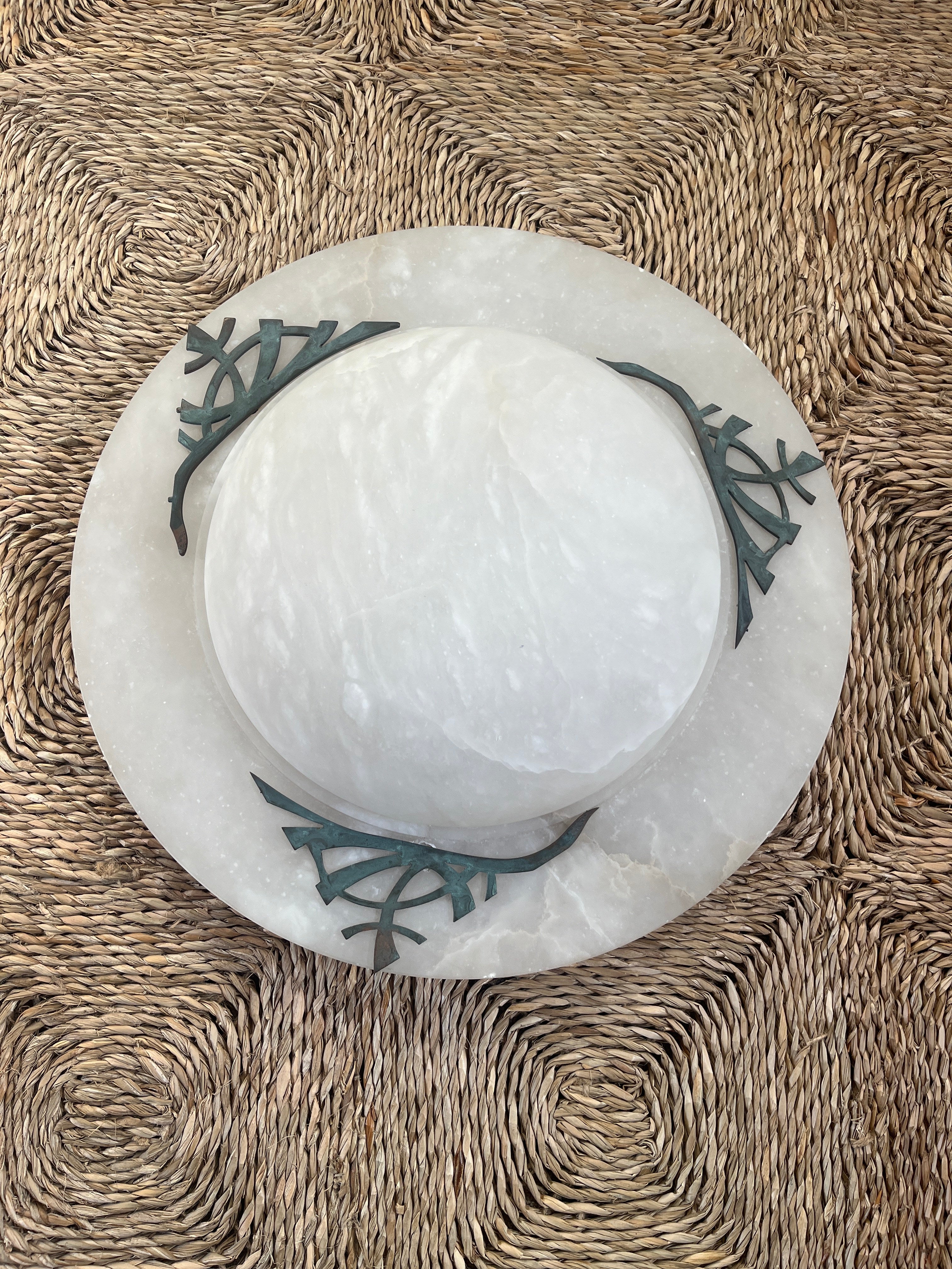 Art Deco Revival Carved Alabaster Plafonnier — top view showing alabaster texture and metal accents