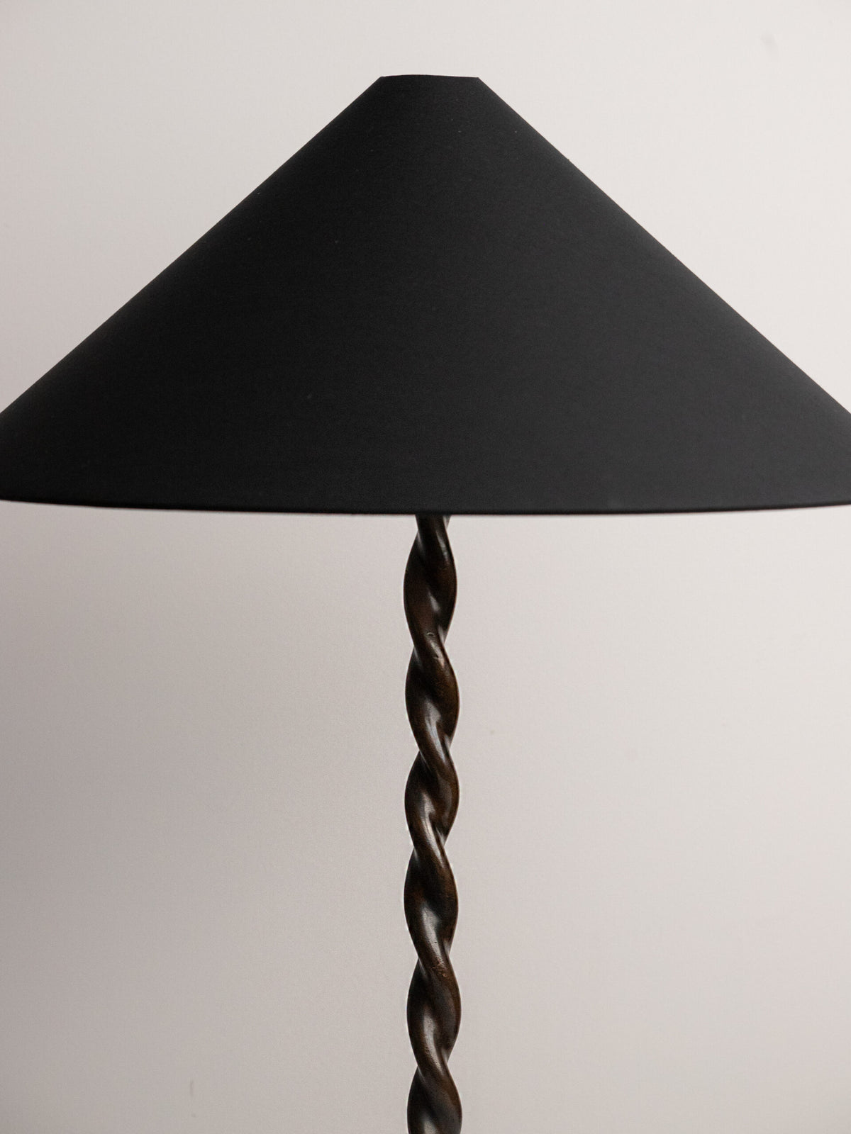 Hand-Twisted Copper Table Lamp on Hammered Plinth with Black Cone Shade, Northern European Workshop, 1960s — detail view
