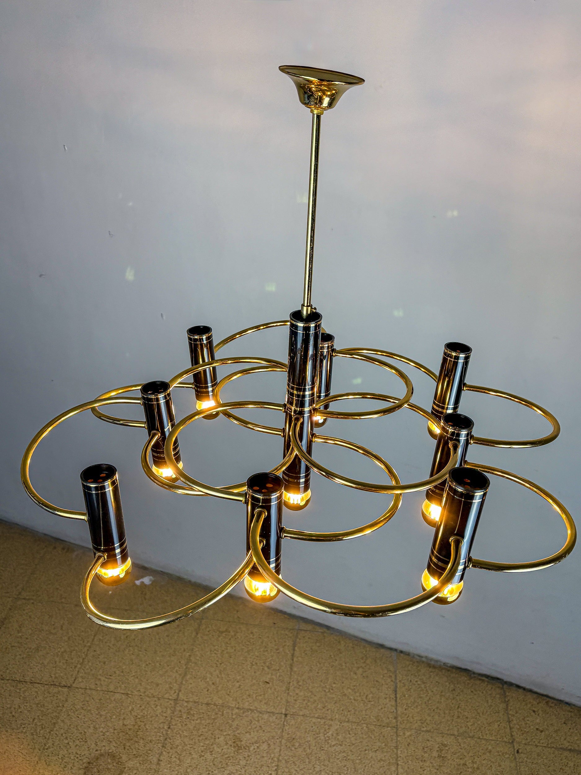 Gaetano Sciolari Geometric Chandelier, 9 Lights, Italy, 1970s — alternate view
