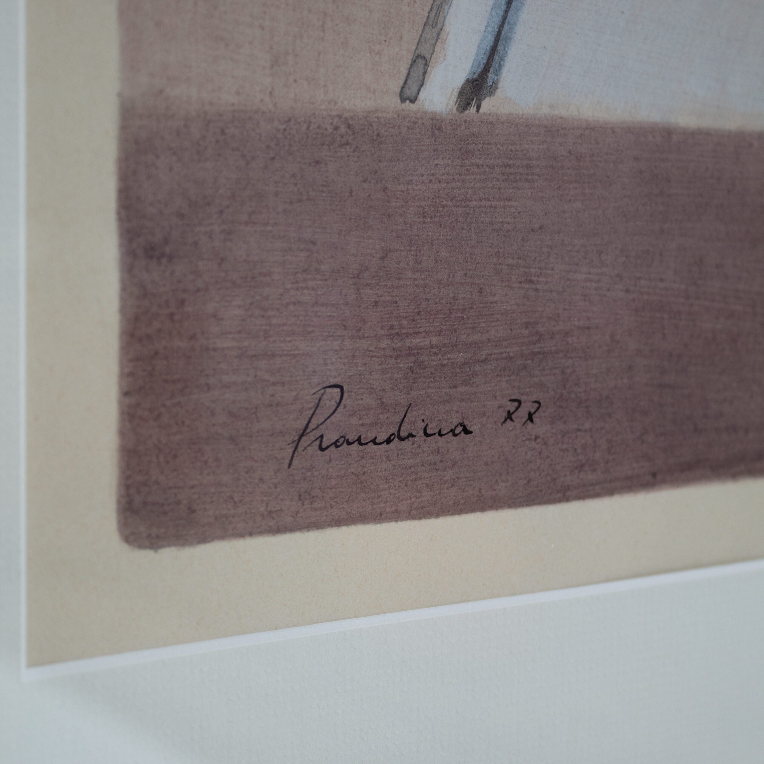 Mid Century Italian Work on Paper, 1977 — close-up of artist signature on textured paper