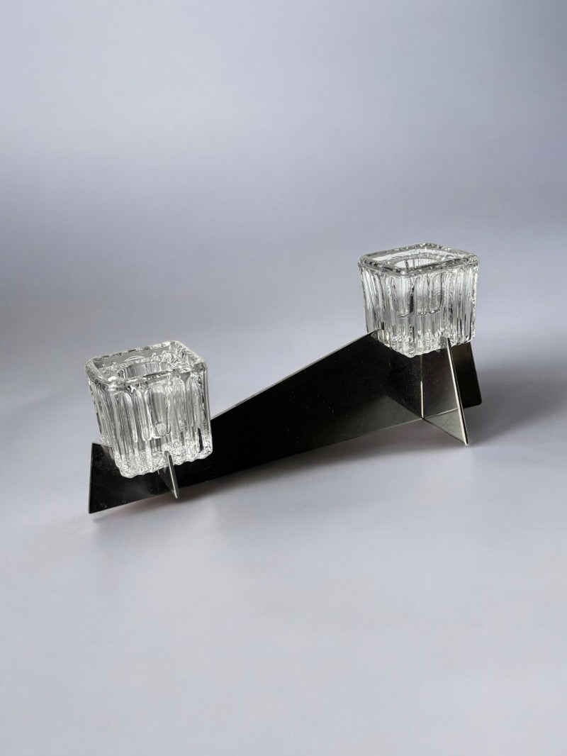 Peill & Putzler Candleholder, Glass and Metal, Germany, 1970's — angled view highlighting glass holders on metal base