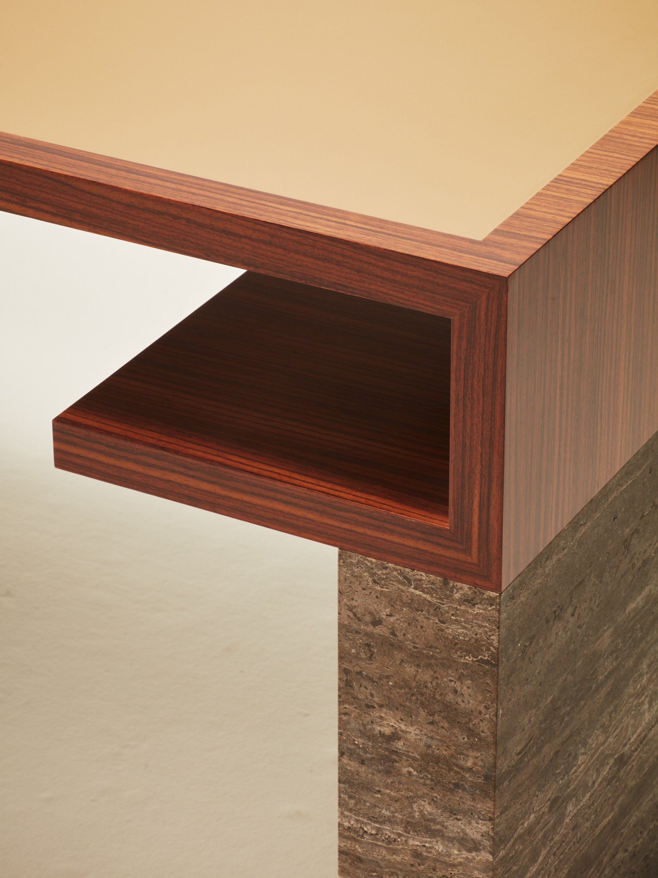 'Continuous' Desk Handcrafted in Wood Veneer With a Lether Tabletop & Travertine Leg — additional view