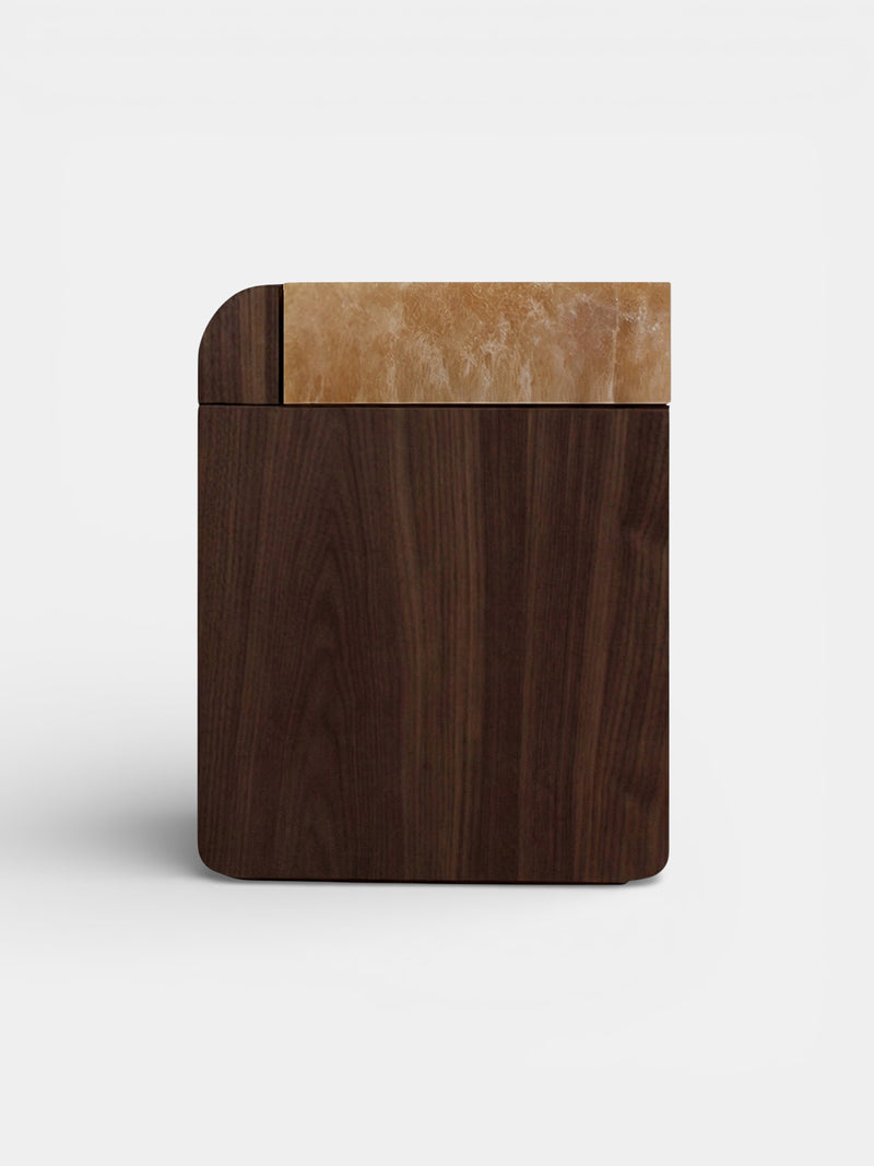Amo" Noyer Wood and Honey Onyx Side Table by Marbera | The Oblist — handcrafted wood and onyx