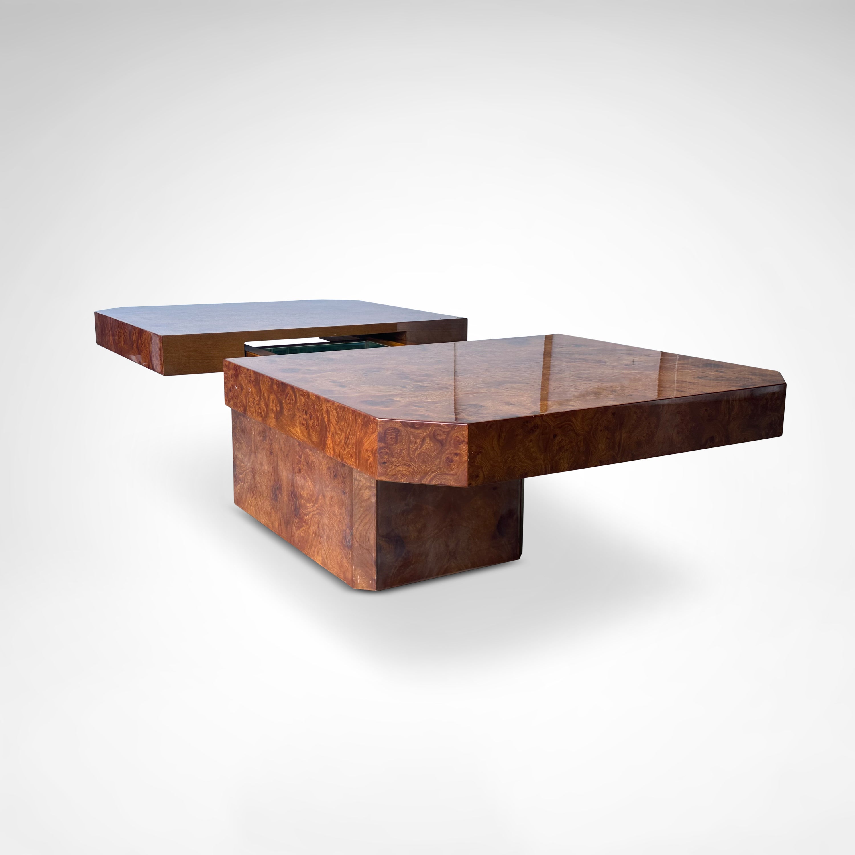 Burl wood coffee table with bar by Maison Lancel France 1980s — angled view highlighting rich wood grain