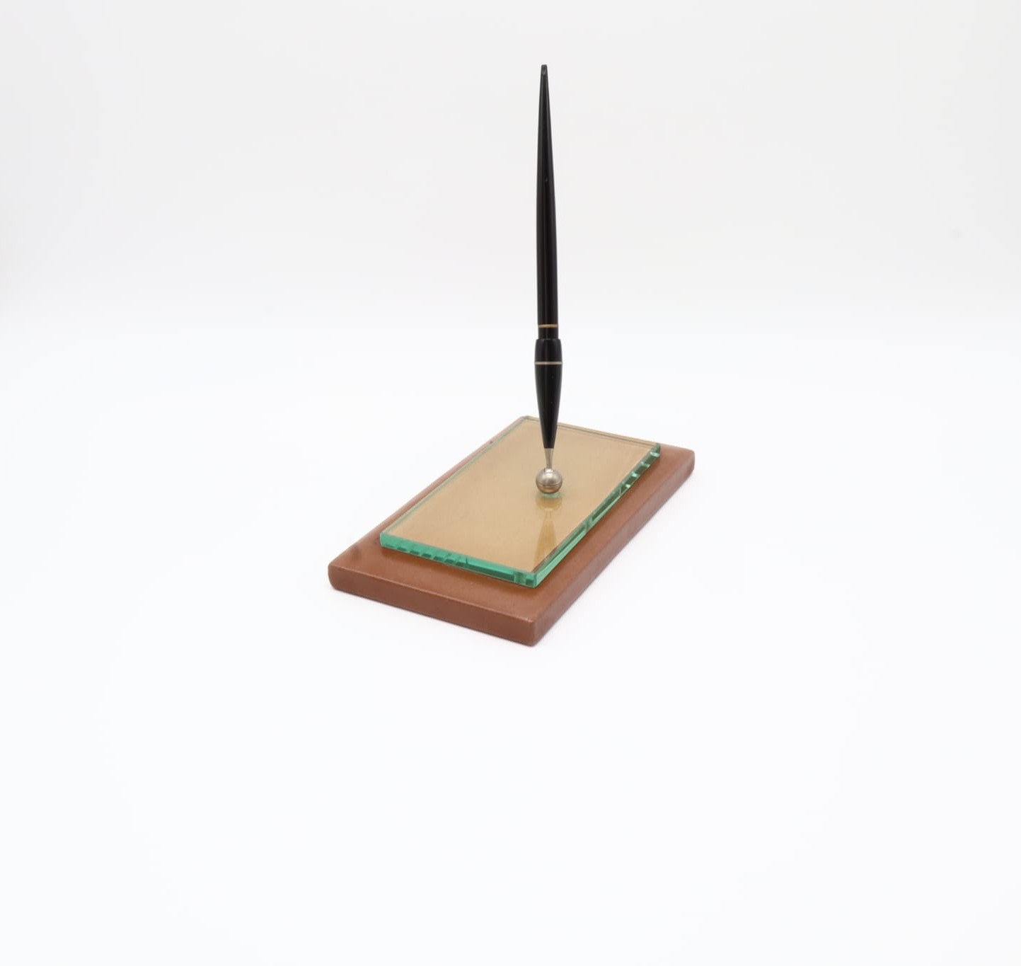 Mid-Century Glass and Leather Desk Pen Set – Italy, 1950s-1960s — side angle