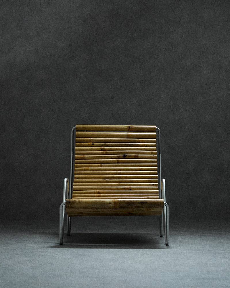 bamboo lounge chair, signed "Hambresin" — front view highlighting bamboo slats