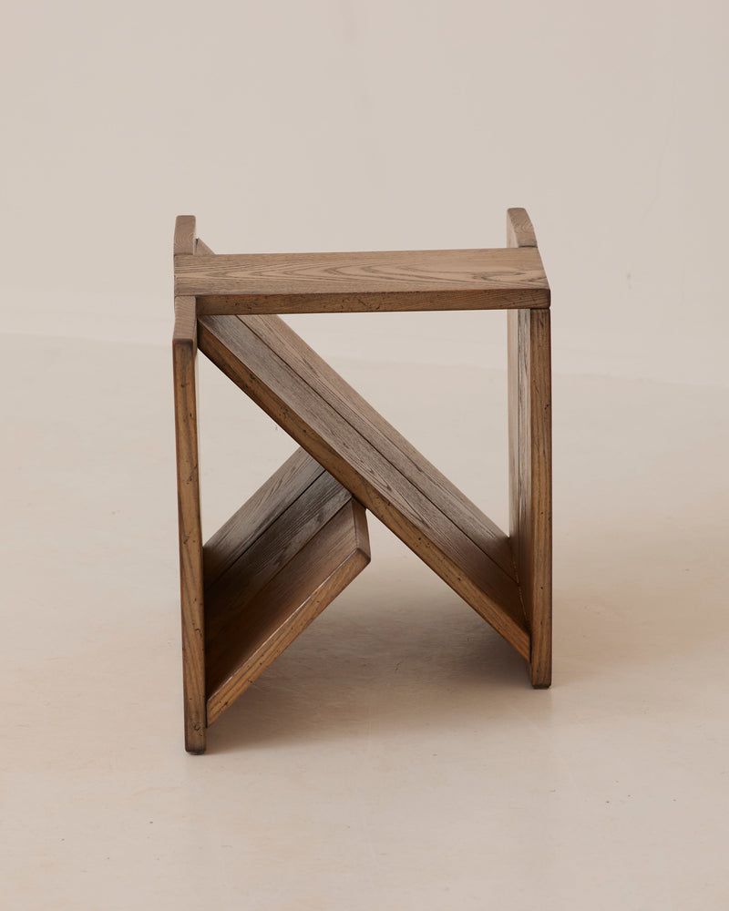 Vintage Side Table / Magazine Rack in Elm Wood by Alain Ladroit for Maison Regain C. 1980 — angled view highlighting crossed