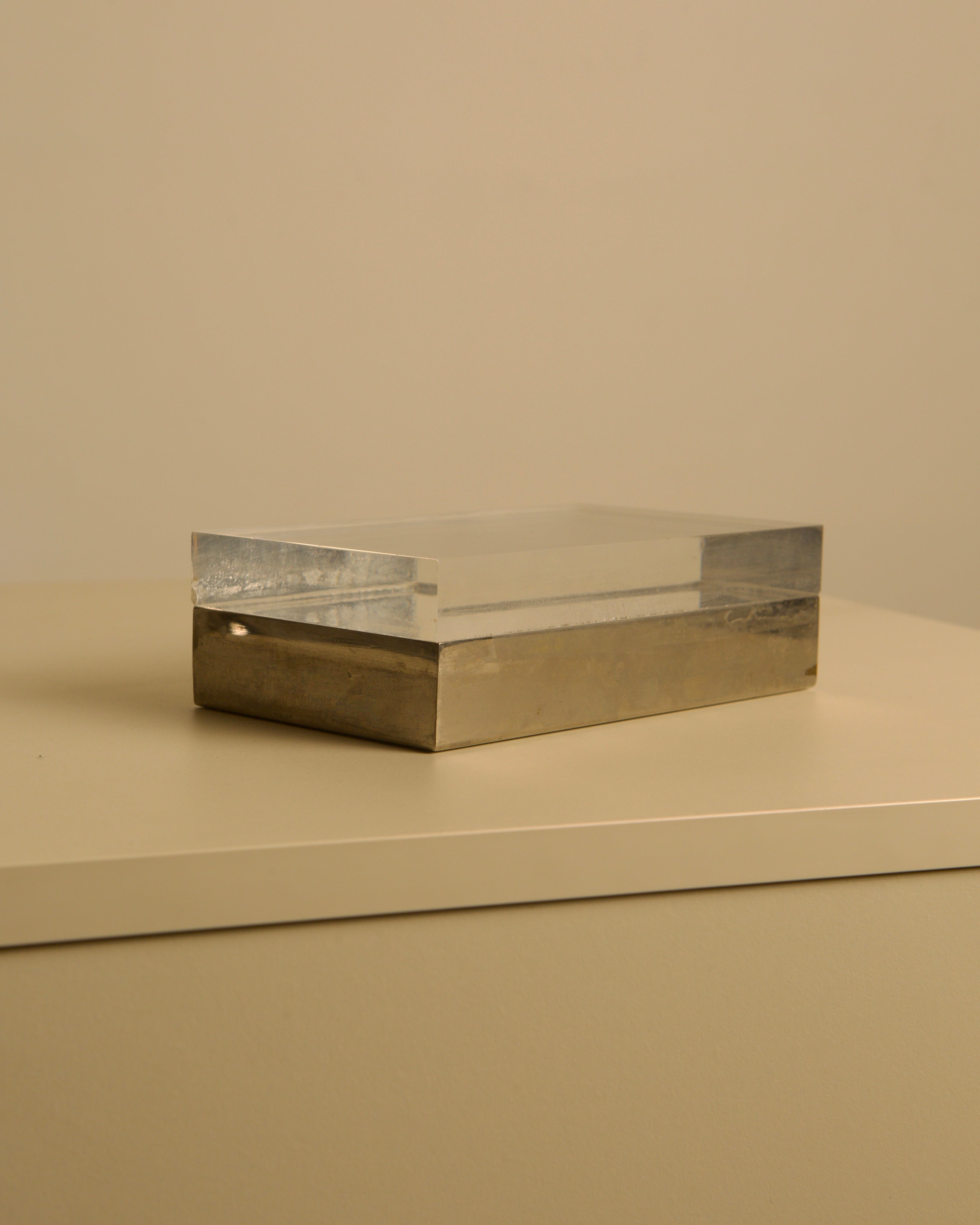 Rectangular Italian Box in Silver and Plexiglass, 1970s — side angle on neutral surface