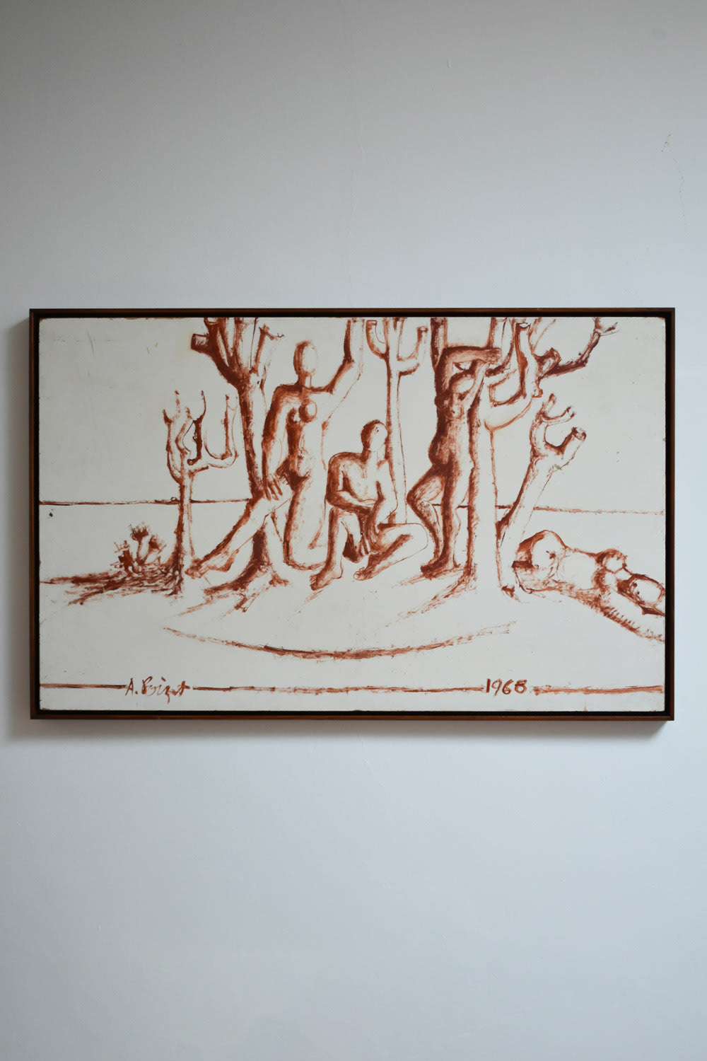 Lively Landscapes with Nude Figures, 1960s — top view of framed painting on wall