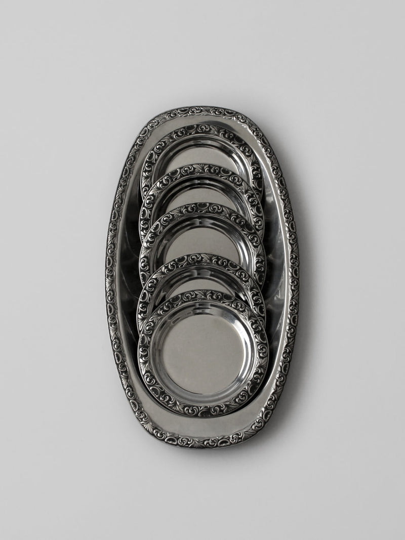WMF "Baroque" Stainless Steel Tray And Coasters Set by Vintage Stories | The Oblist — stainless steel, vintage design