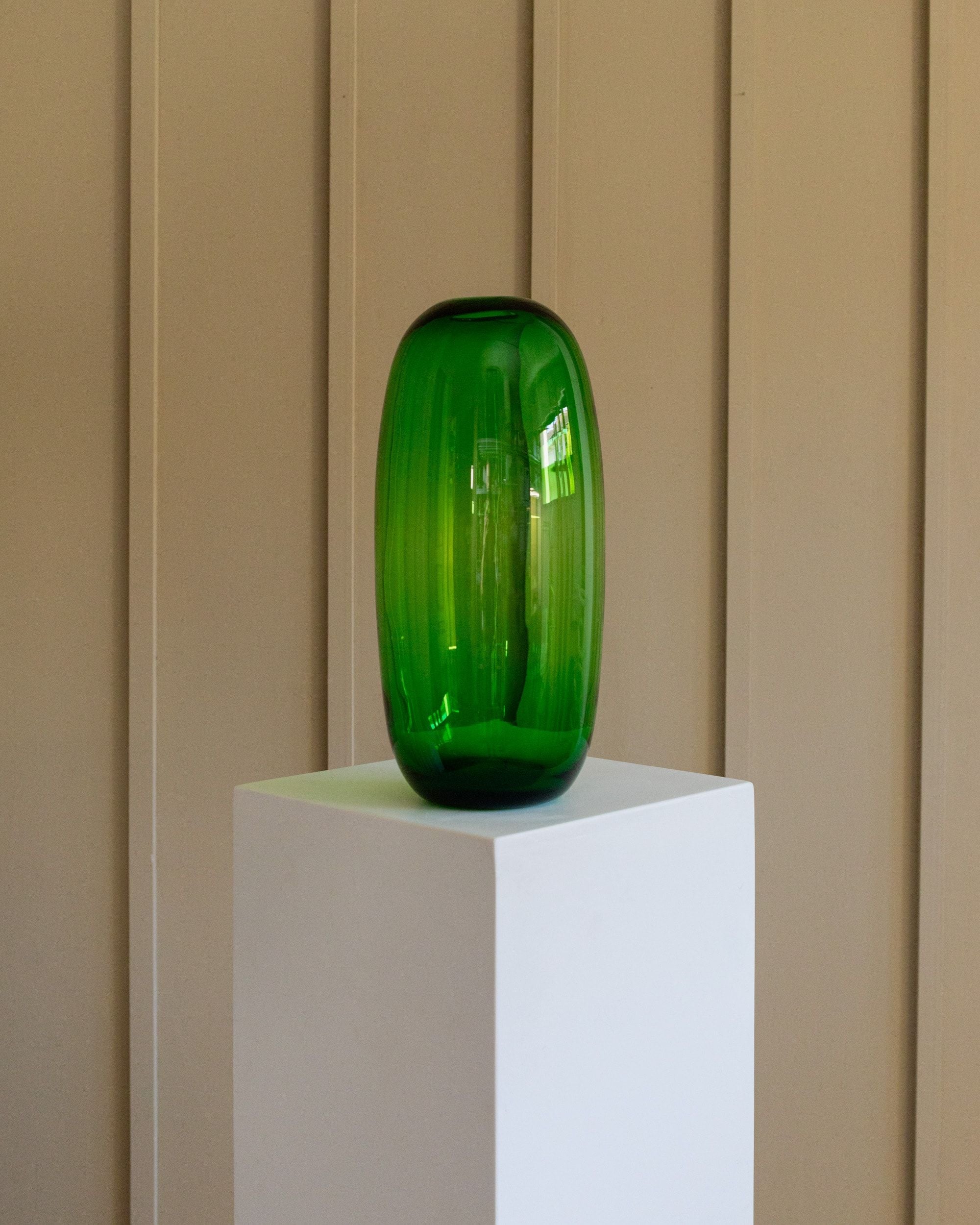Green Glass Vase, 1990s - Maria Vinka for Ikea — top view on white pedestal