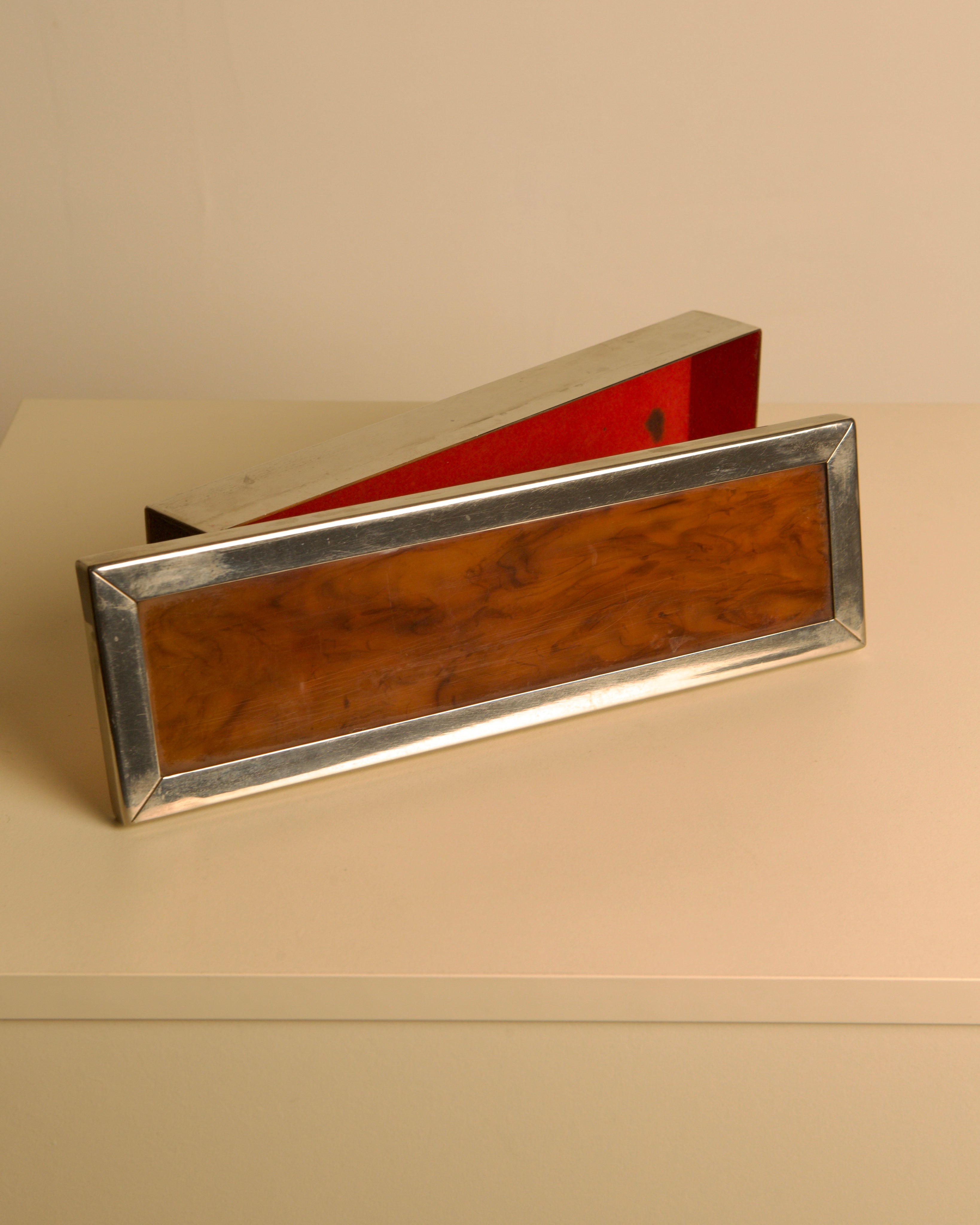 Rectangular Italian Metal Box, 70s — side angle showing wooden inlay and red interior