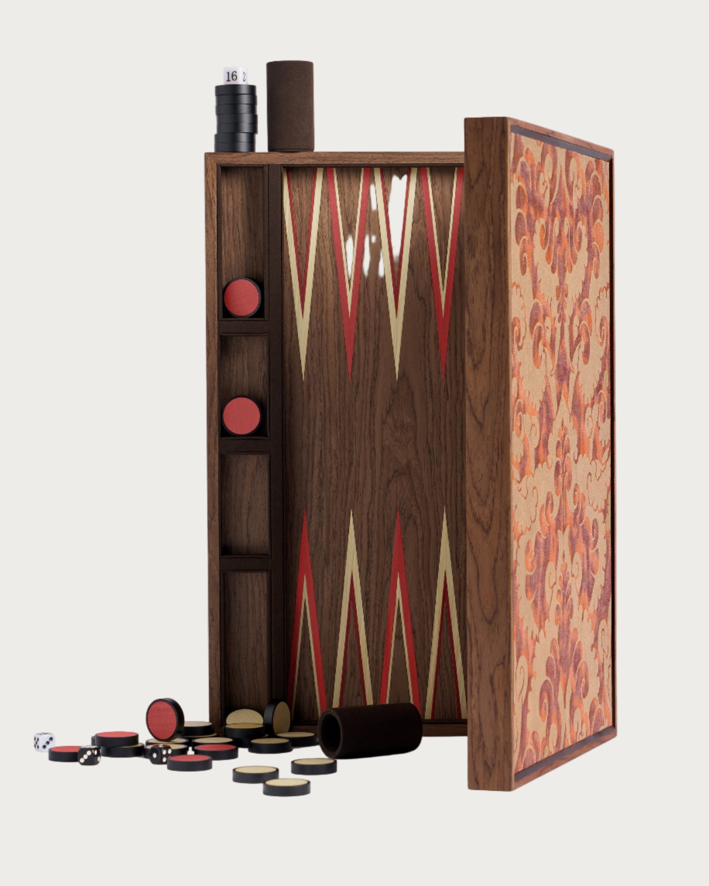 Fortuny Backgammon - Laotze/Oxblood Spice — side angle showing patterned interior and game pieces