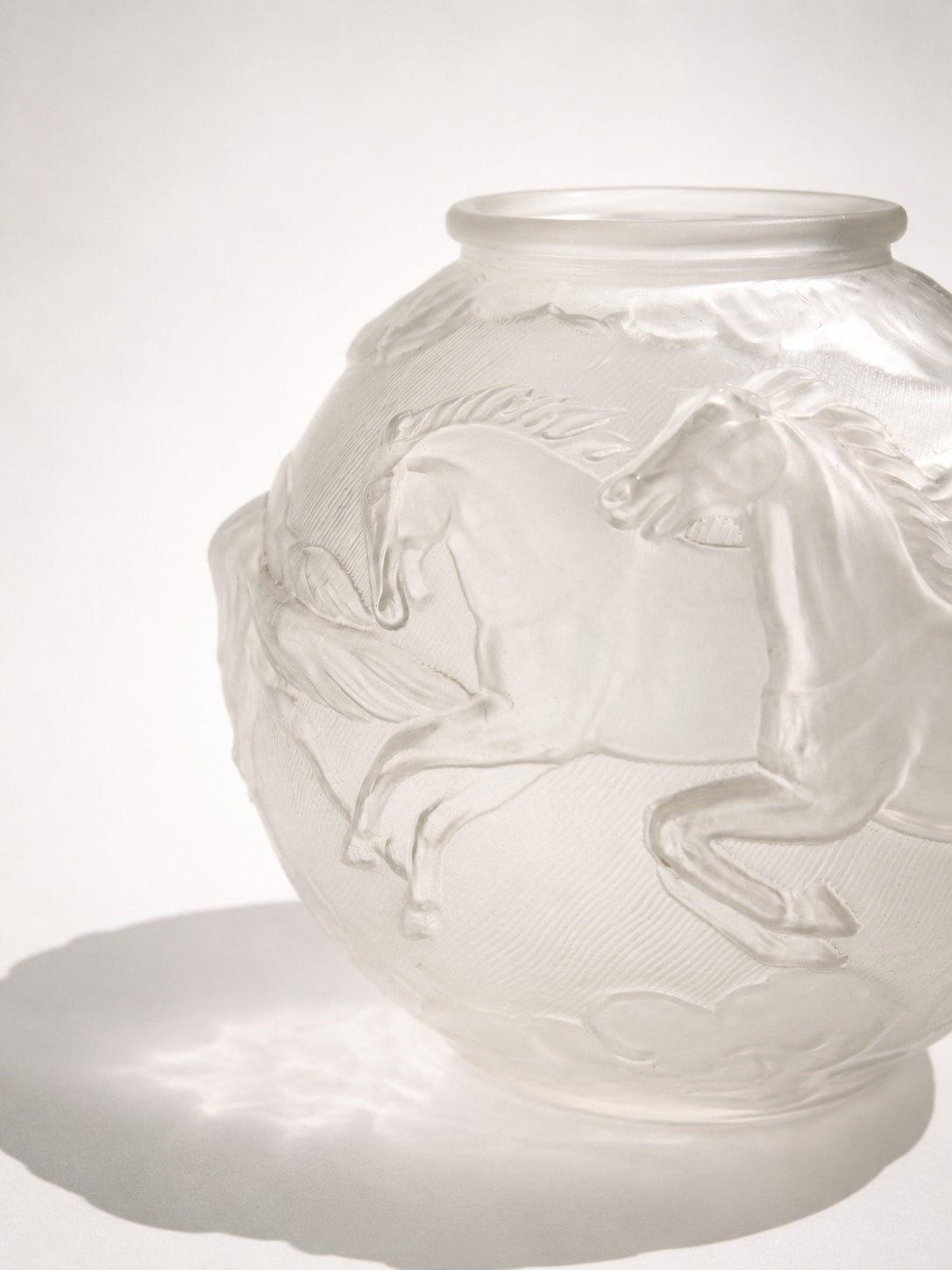 Pristine Art Deco "Galloping Horses" Frosted Glass Vase by Karl Zentner for Libochovice, c. 1930s — side angle