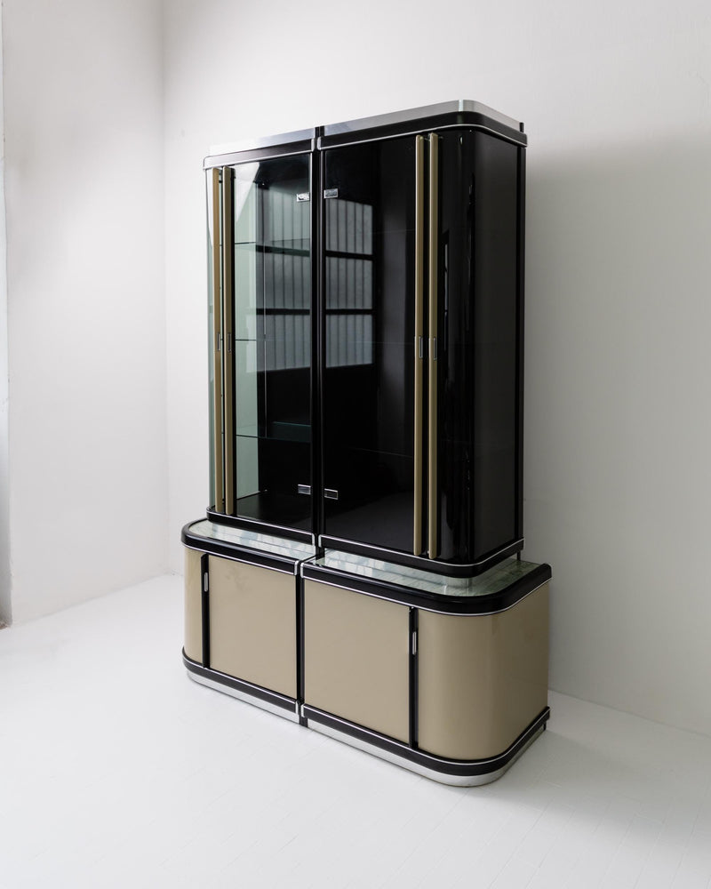 1950s Art Deco Bar Cabinet in Lacquered Wood — front view with black and beige finish