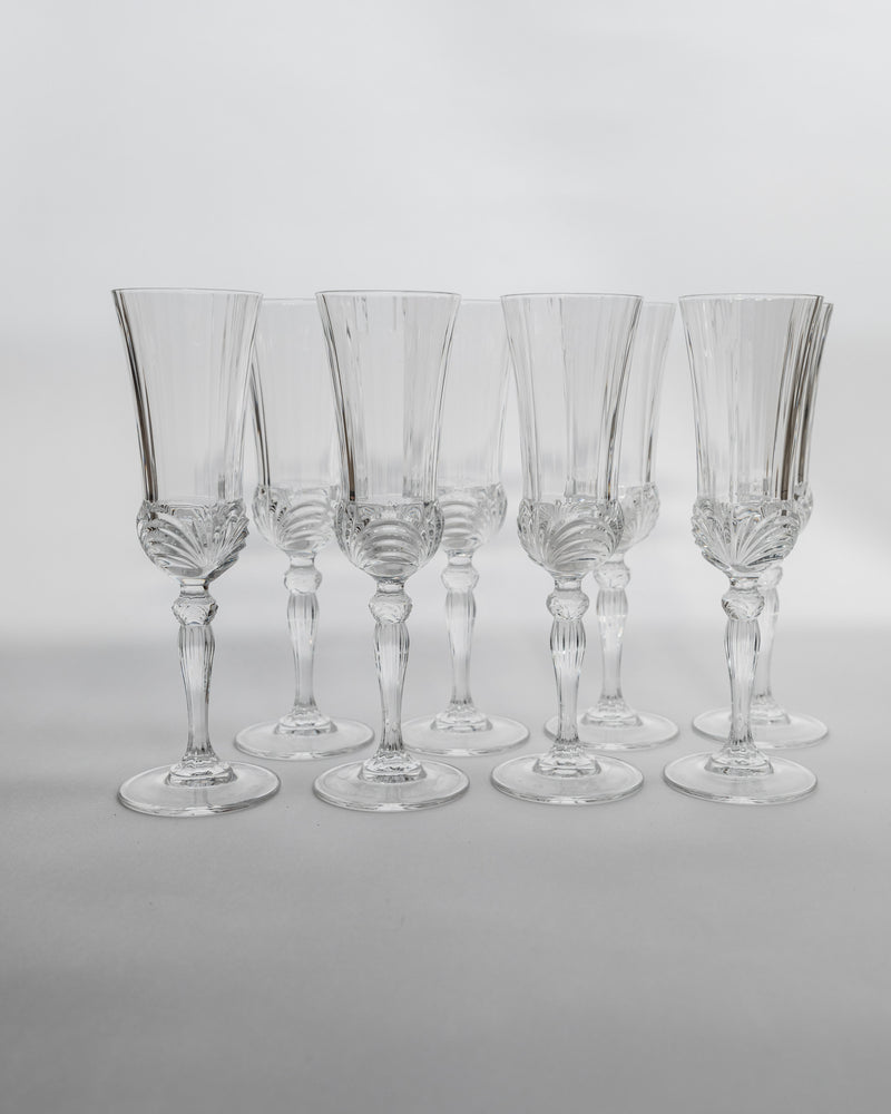 Set of 8 vintage crystal champagne flutes with cut glass stems, 1980s