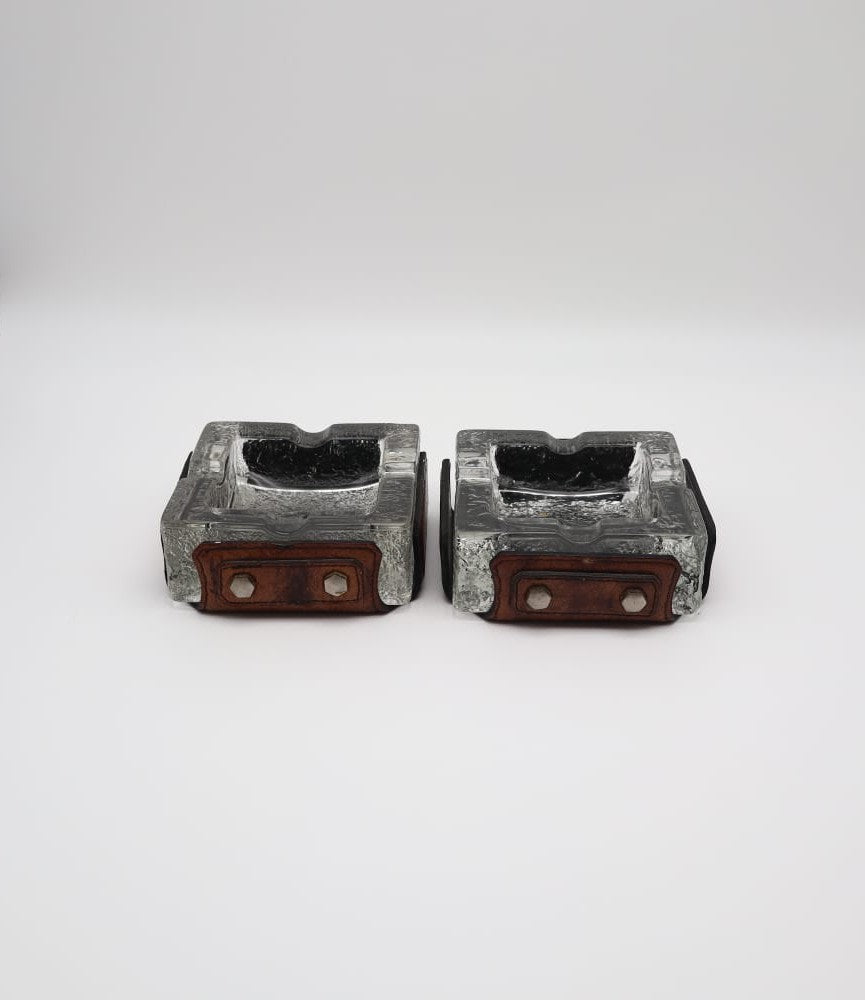Vintage Mid-Century Ice Glass & Leather Ashtrays, 1970s — Set of 2  — close-up