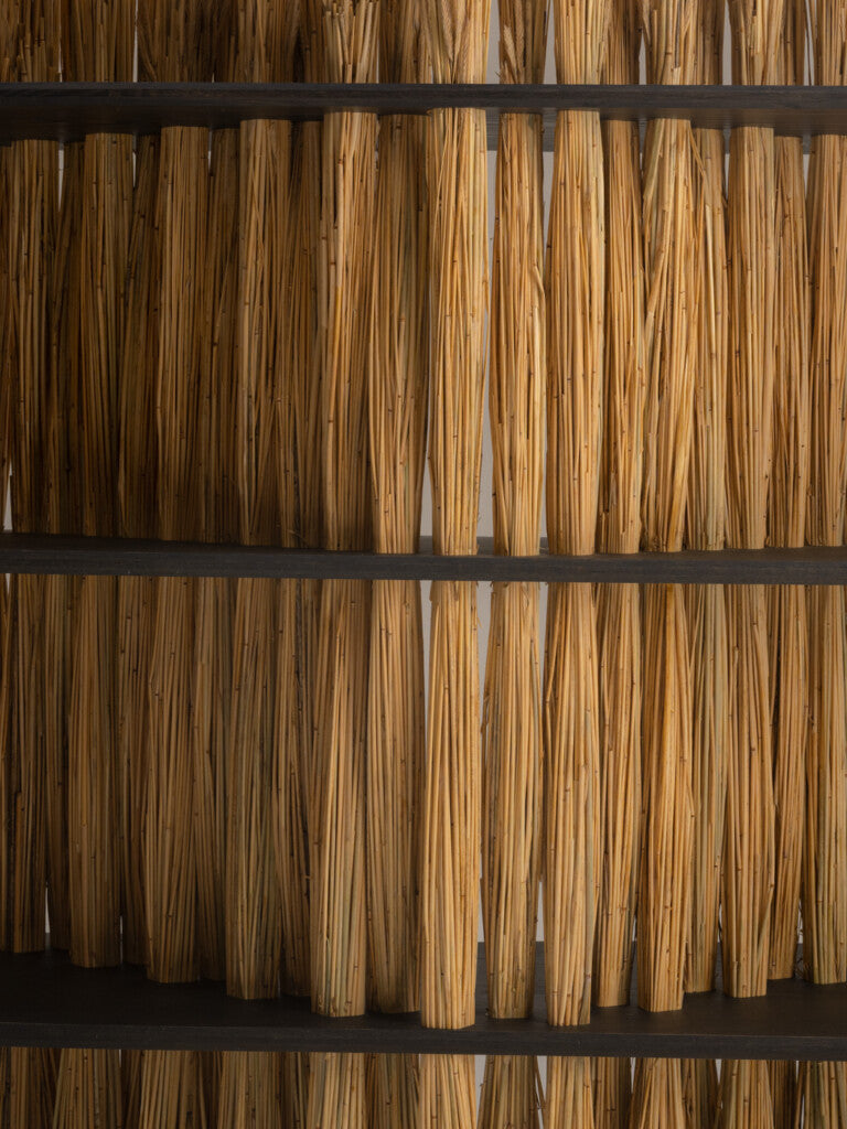 Large Amas Shelf, Stained Oak — top view of textured oak shelves