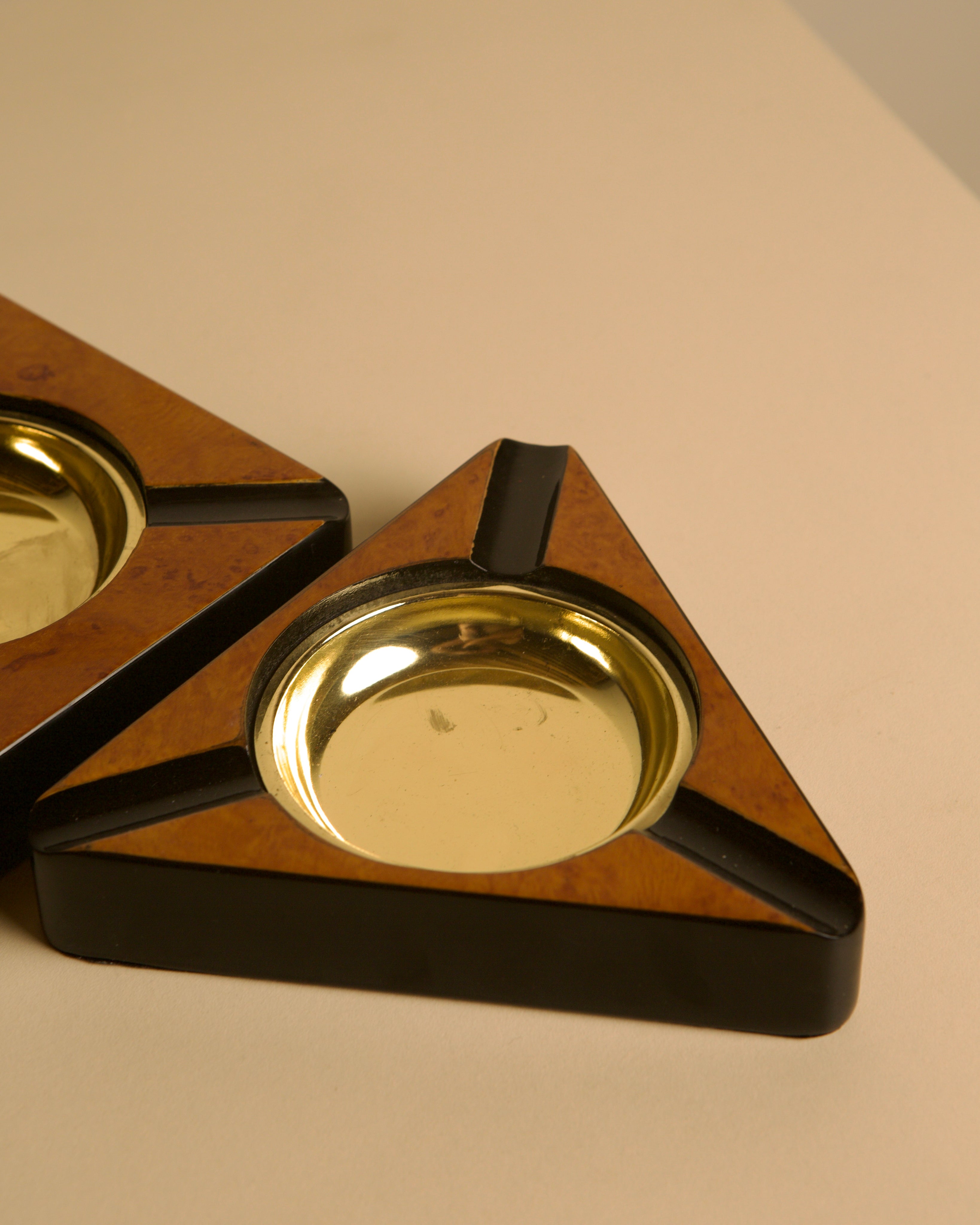 Pair of Italian Burl Wood, Black Lacquer & Brass Ashtrays, 1960s — Square & Triangle — lifestyle setting