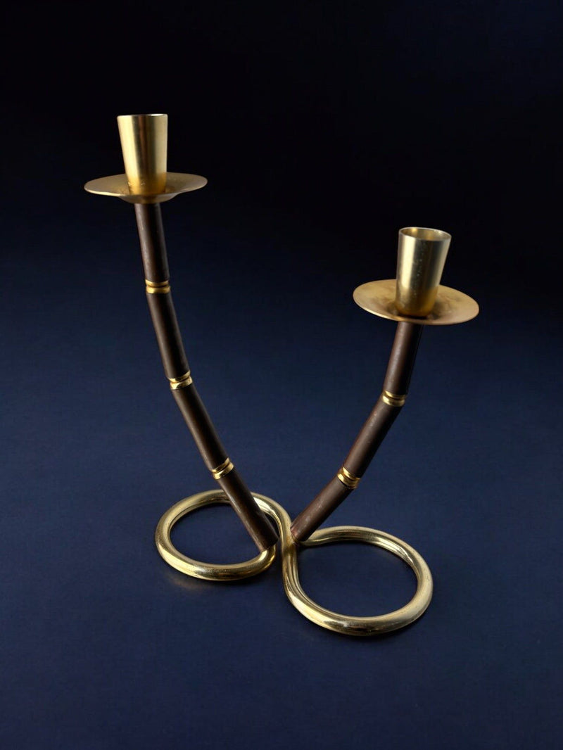 Faux Bamboo & Brass Candleholder, Italy, 1970s by Malamar Studio | The Oblist — brass and brown wood