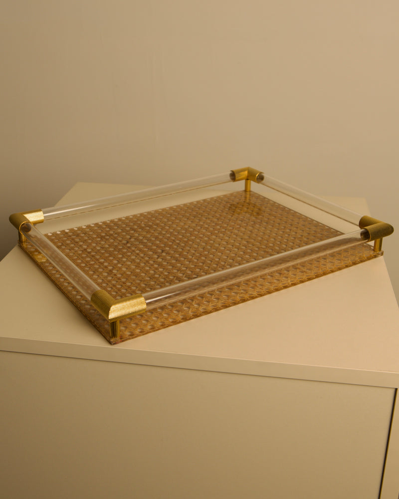 Large Italian 70s Brass, Wicker and Plexiglass Catch-all Tray — close-up of wicker texture and brass corners