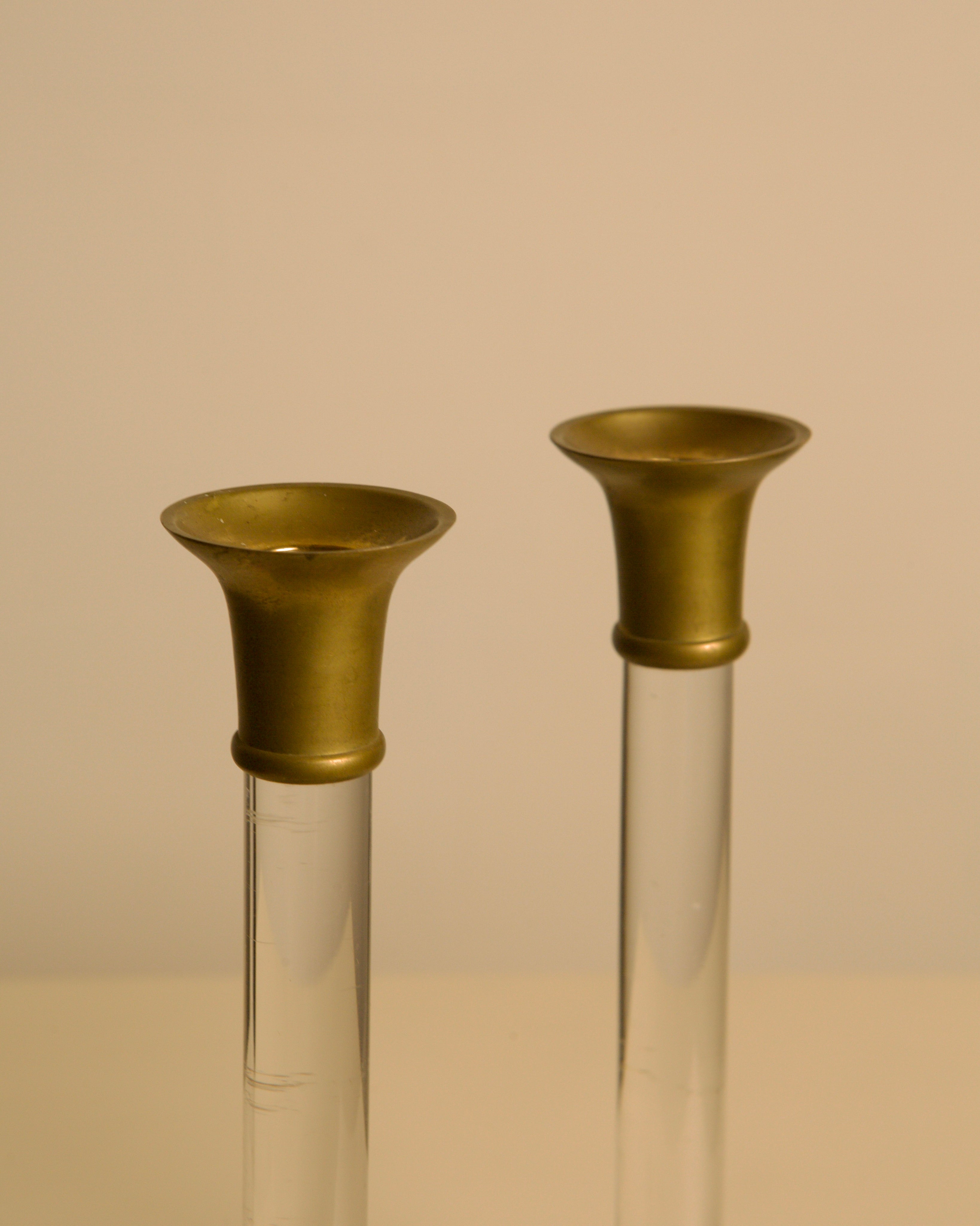 Pair of Italian Brass and Lucite Candlesticks, 1960s — close-up of brass tops and clear bases