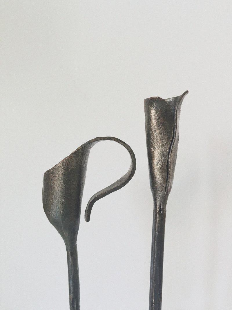 Pair of Forged Steel Artisan Candleholders, Poland — detail view