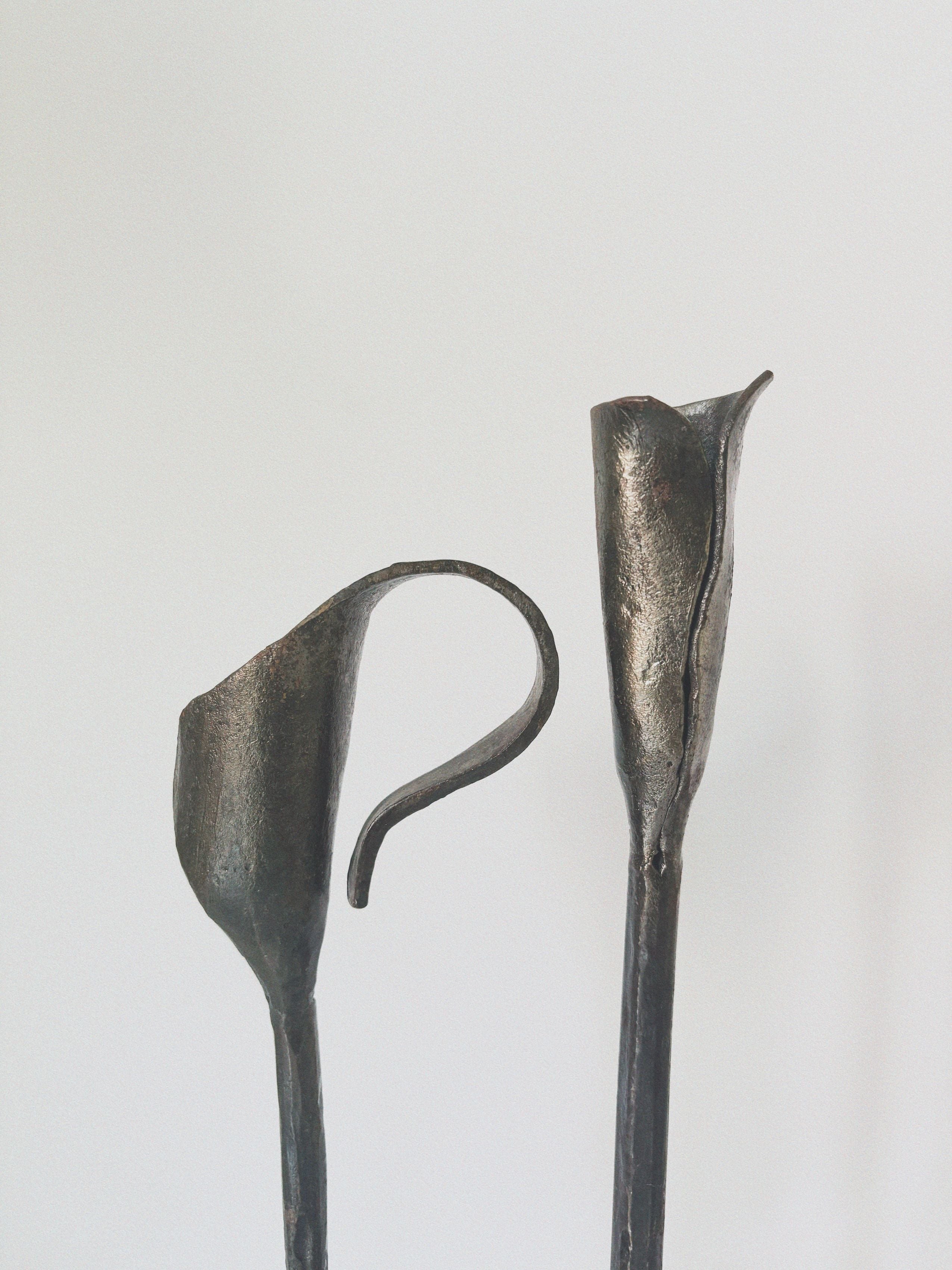 Pair of Forged Steel Artisan Candleholders, Poland — detail view