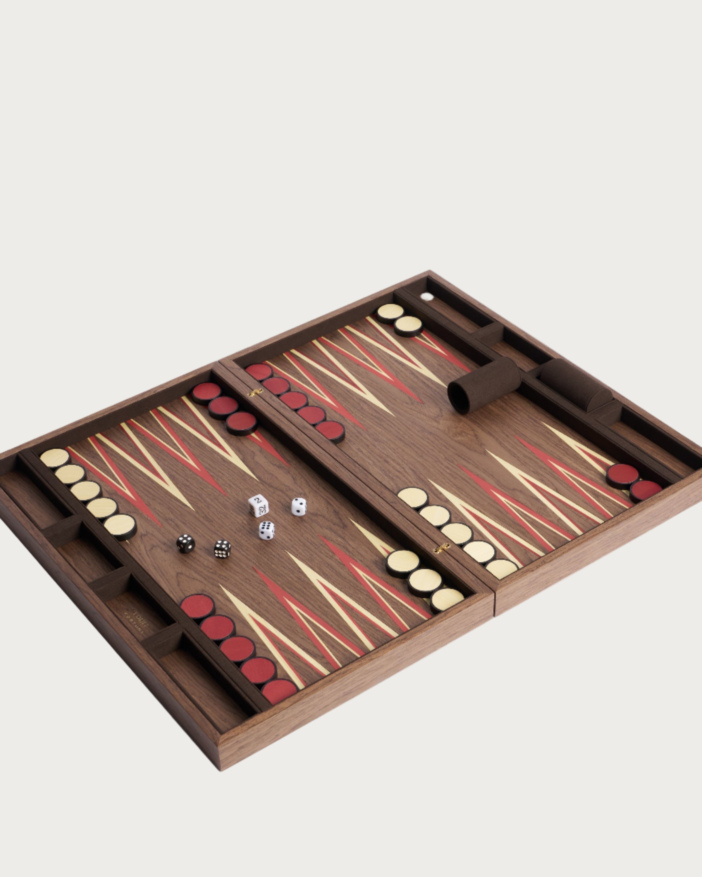 Fortuny Backgammon - Laotze/Oxblood Spice — top view of handcrafted wooden board