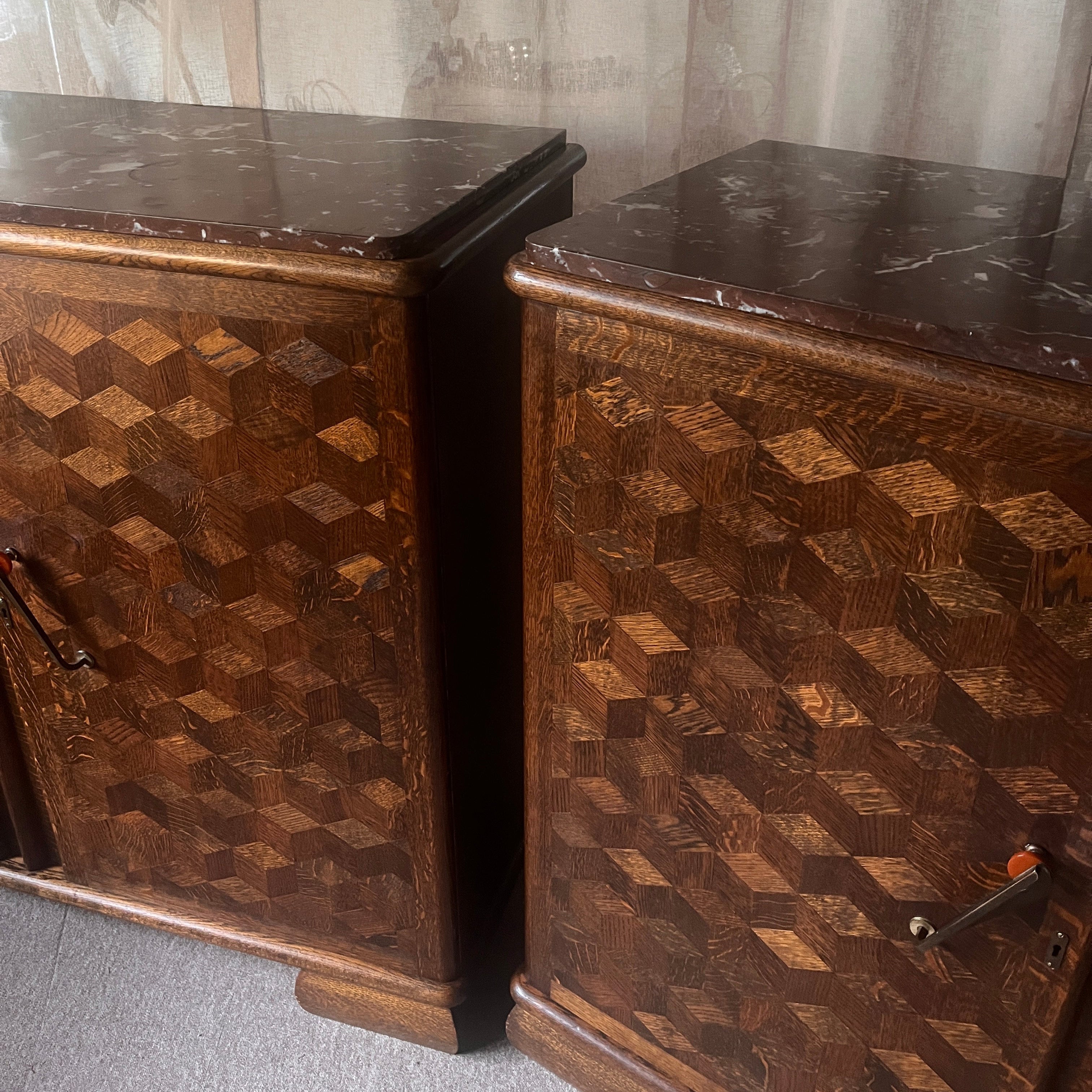 Pair of Art Deco Belgian Parquetry Cabinets with Rose Marble Tops — close-up of parquetry detail on cabinet doors