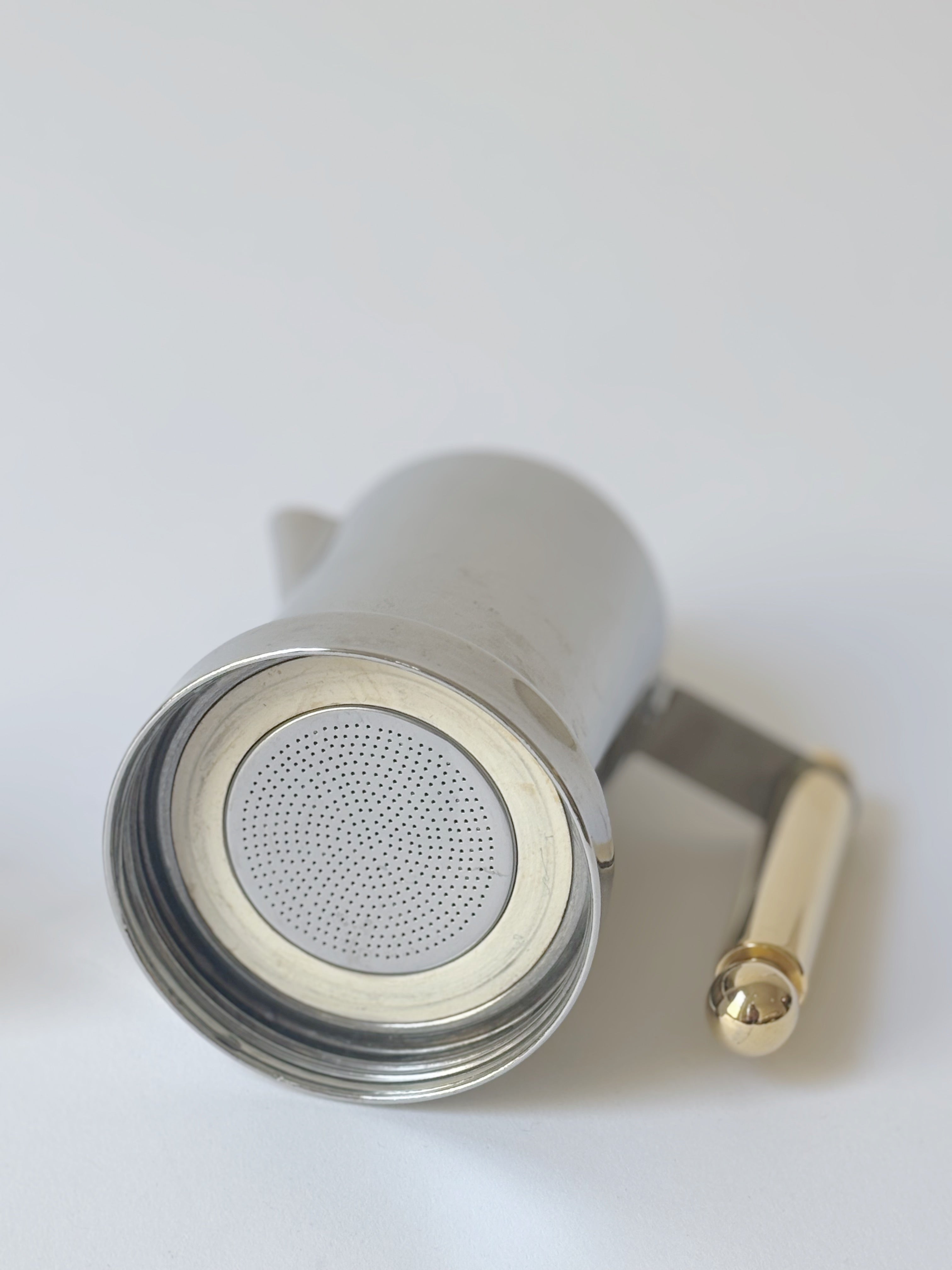 Kontessa Moka Set, c. 1980's Italy — side angle of stainless steel coffee pot