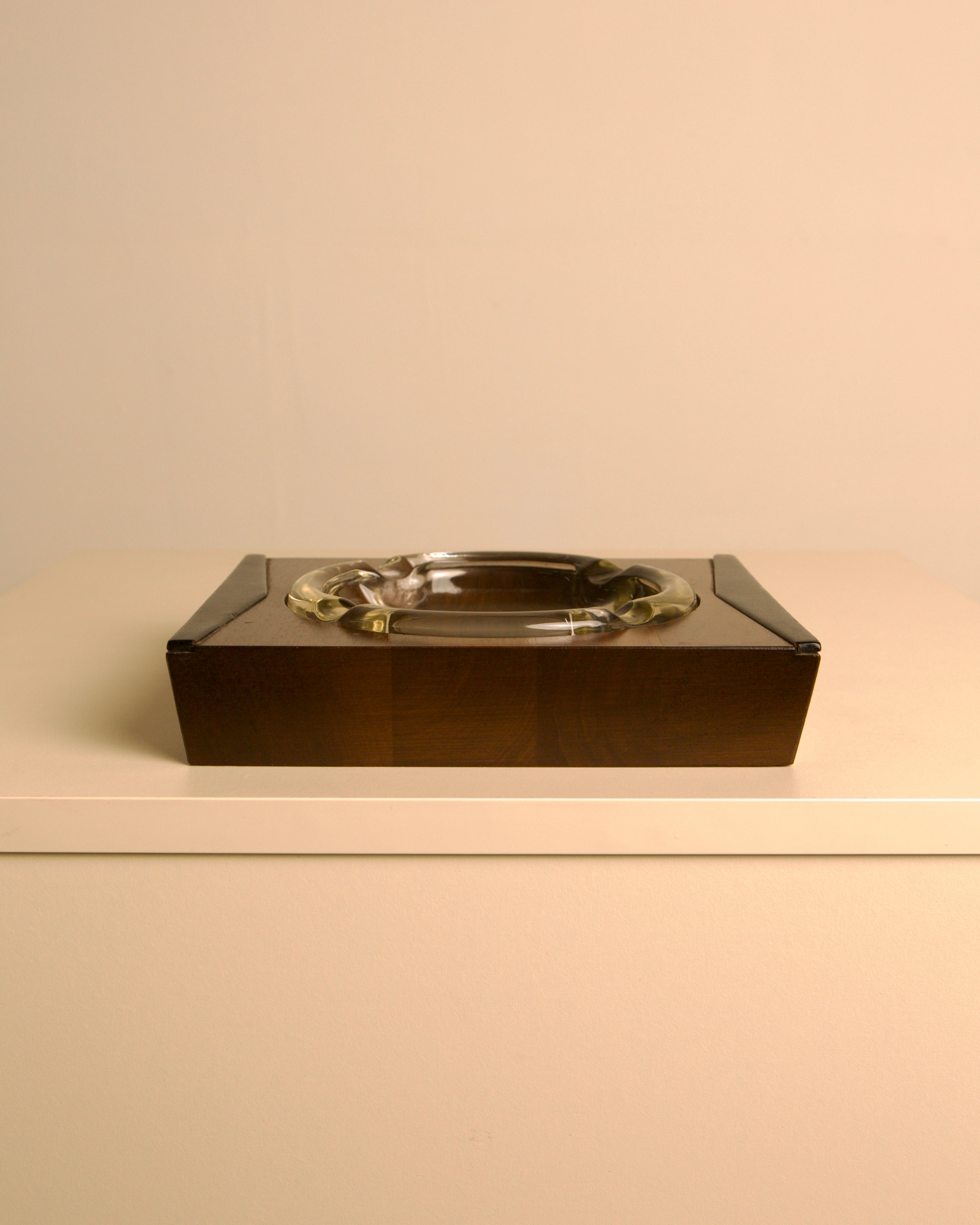 Italian solid wood and black leather ashtray, 1960s — detail view
