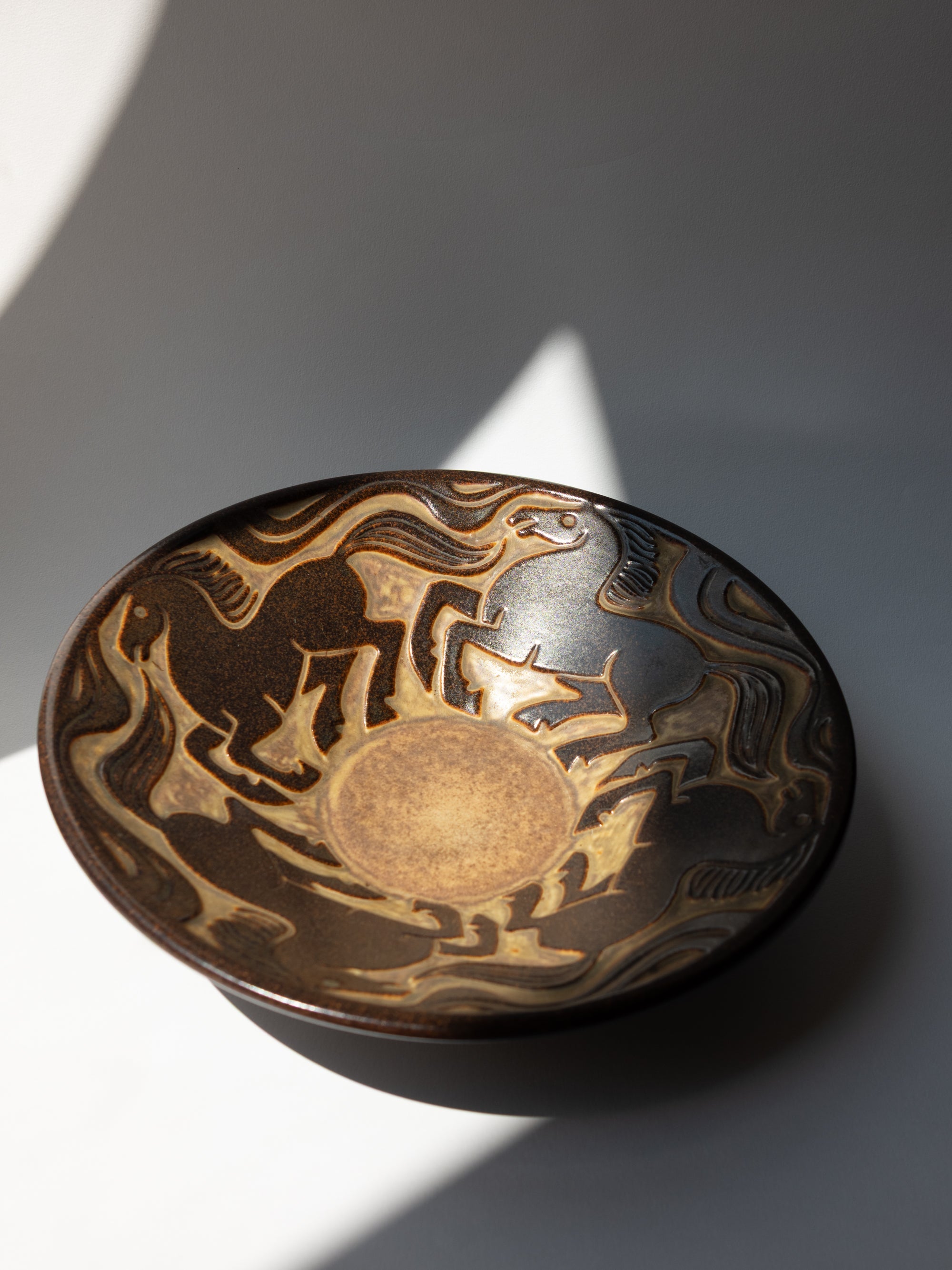 Marianne Starck Mid Century Galloping Horses in Relief - Serveware Bowl c. 1950s — side angle
