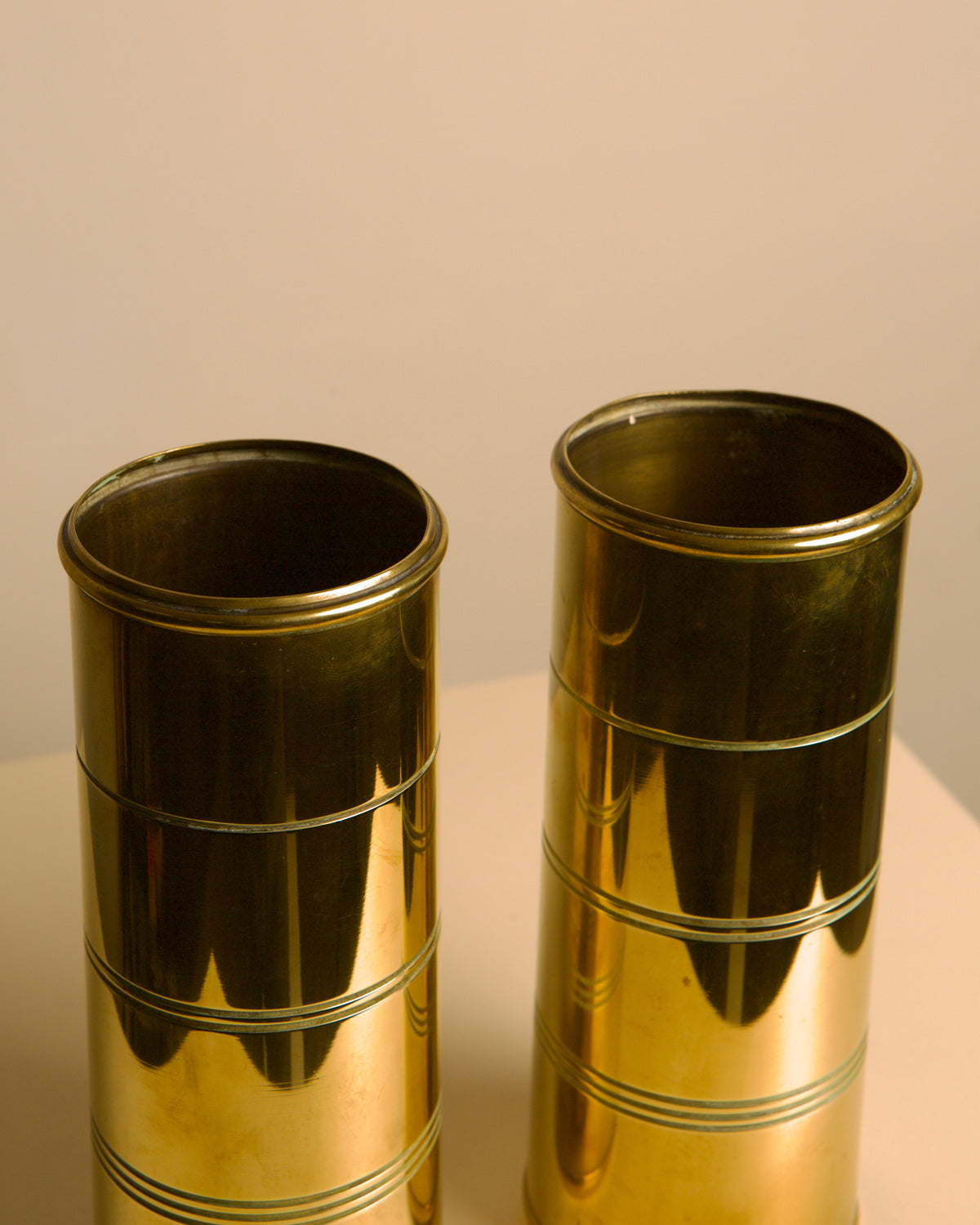 Pair of Italian brass vases, 1960s — side angle