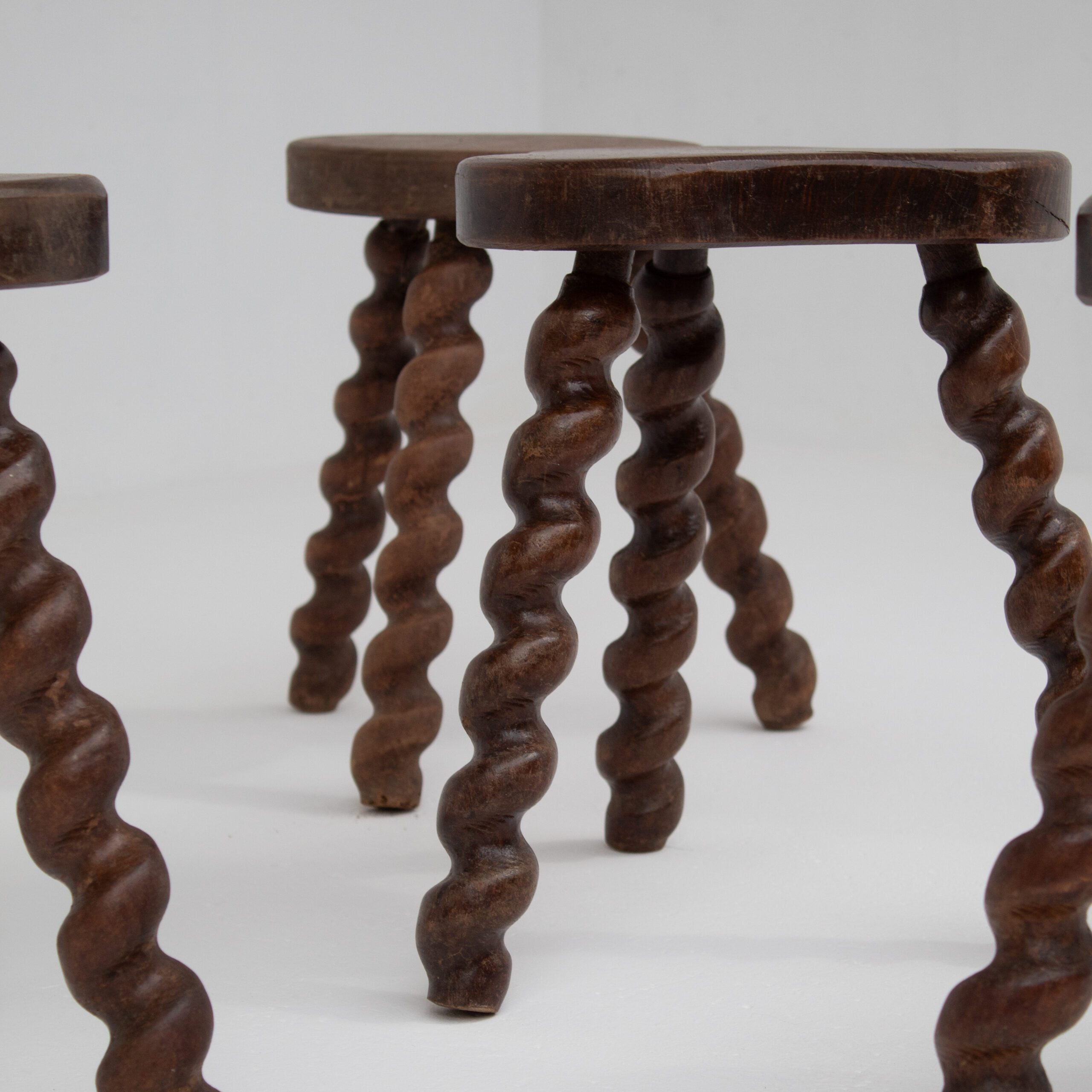 Set of 4 Primitive Oak Stools with Spiral Legs — detail view