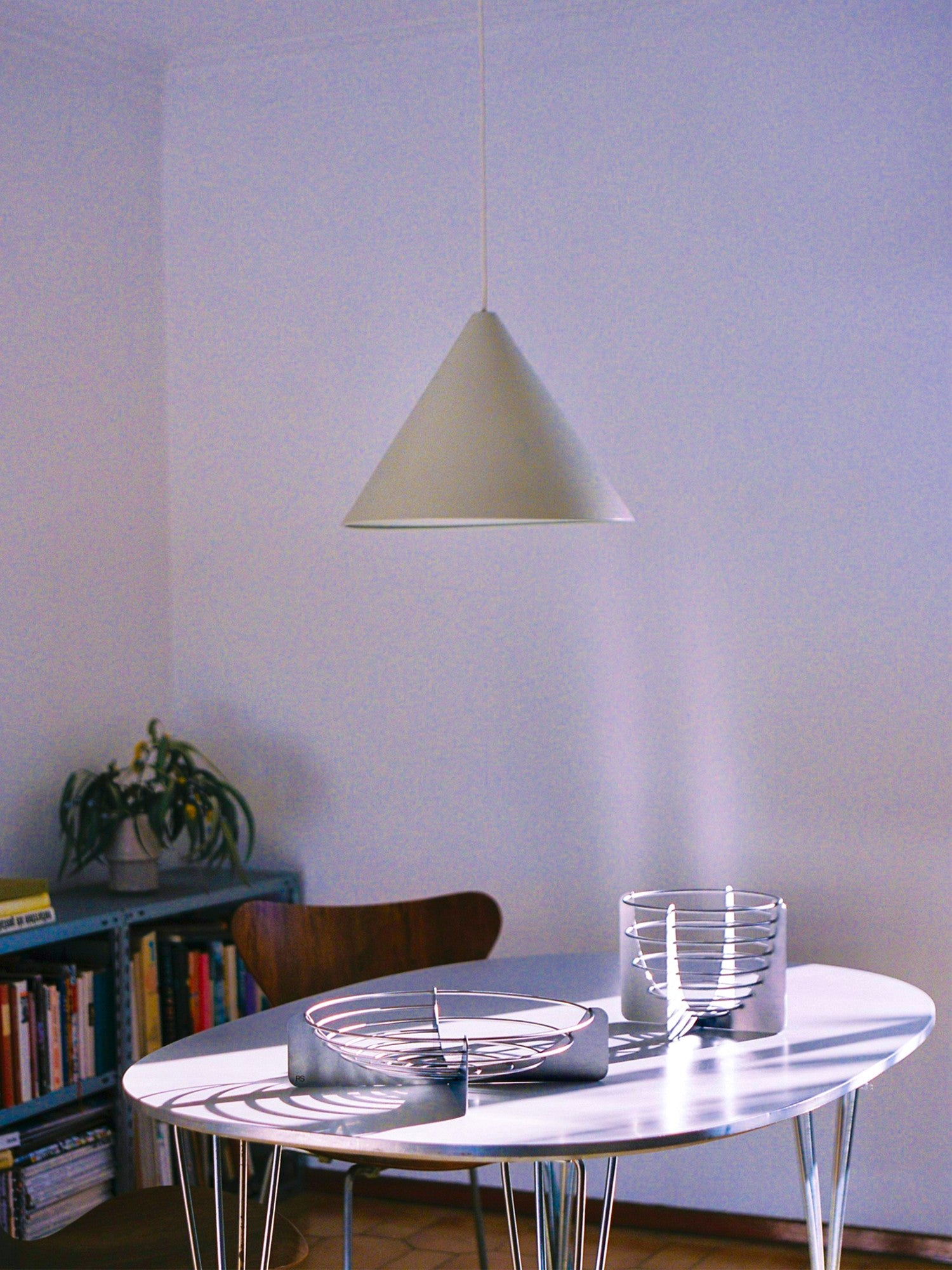 Draft Bowl — top view on white table with modern pendant light