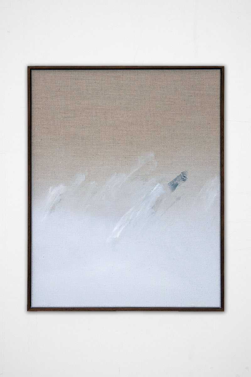 Holding — Acrylic on Linen by David Hardy is a framed abstract painting featuring soft, swirling brushstrokes with a neutral beige upper half blending into white on a minimalist linen background.