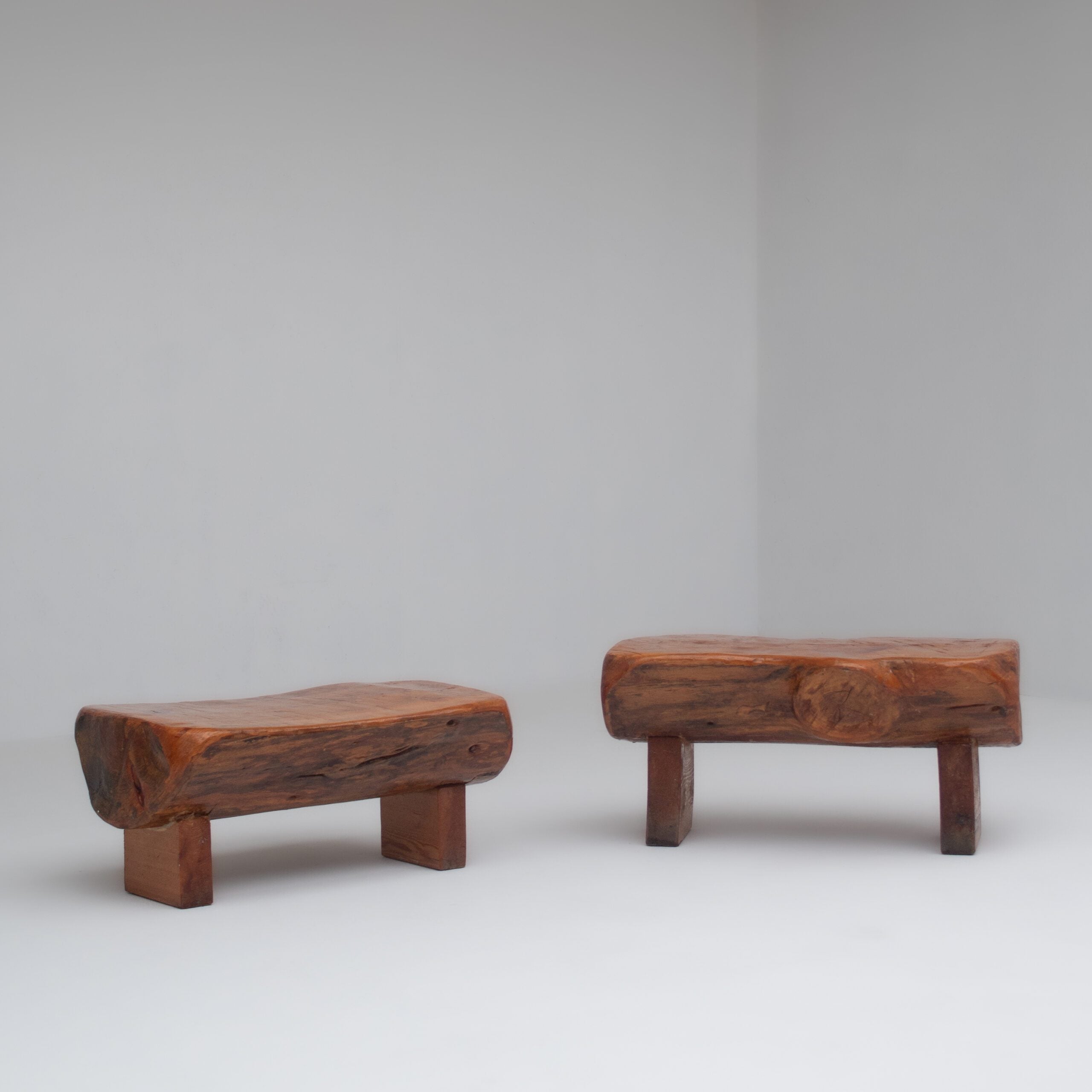 Pair of Rustic Wooden Sculptural Benches in Solid Wood — close-up of natural wood grain texture