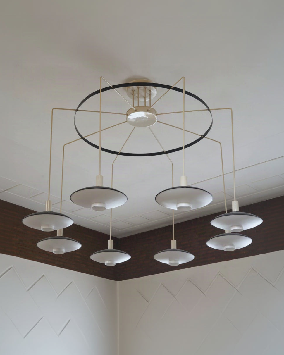 Monumental Mid-Century Chandelier in Lacquered Metal and Acrylic The Netherlands 1960 — side angle