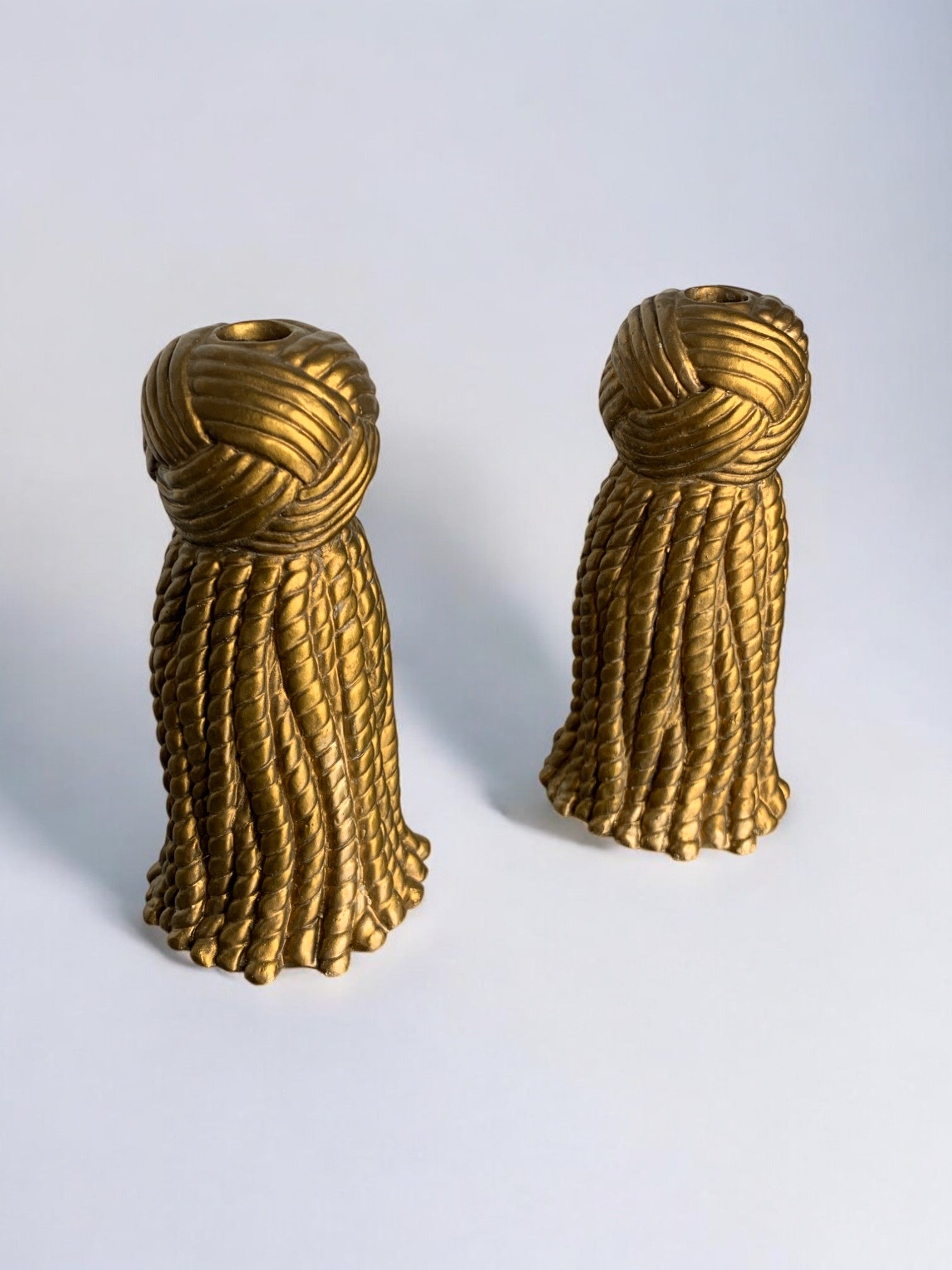 Pair of Golden Knot Candleholders in Plaster, Spain, 1980s — side angle showing textured gold finish