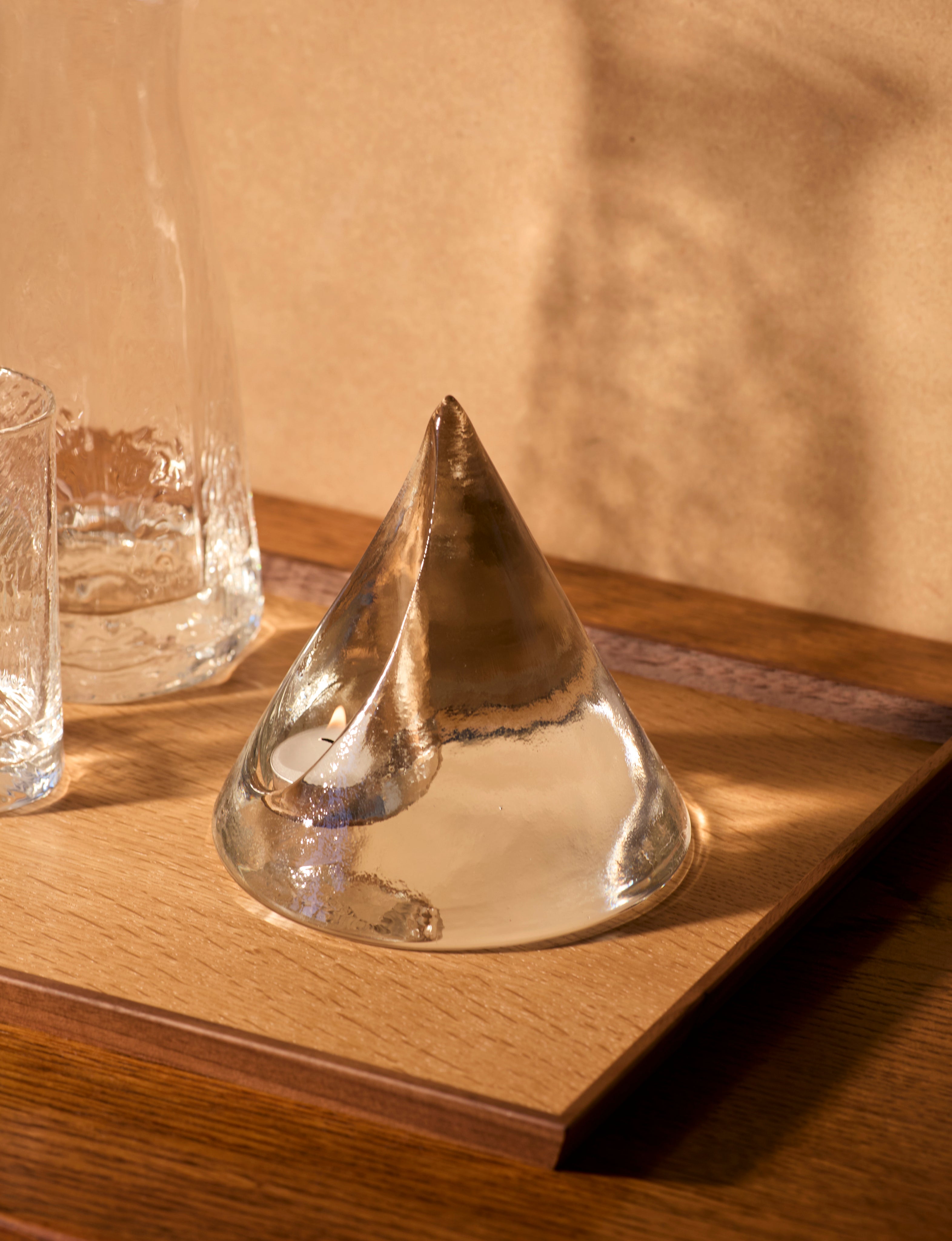 Clear glass pyramid candle holder in European glass  — in context