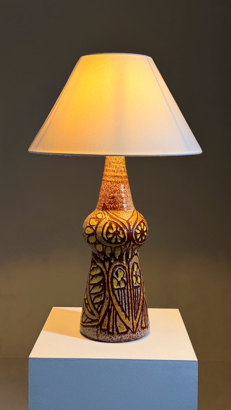 Rare ceramic lamp by the Accolay potters, France, circa 1960 — close-up of textured surface with warm light