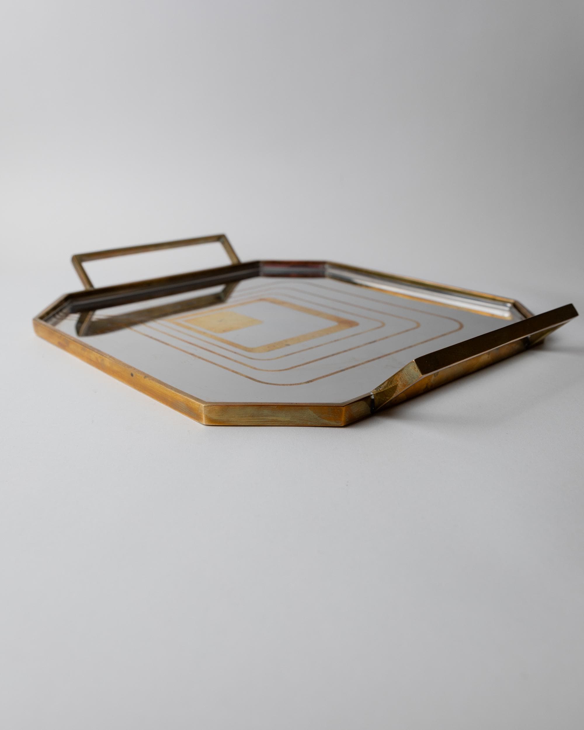 Vintage 1970s Octagonal Stainless Steel Tray, Brass Rim with Mid Century Pattern Design, Polished Serving Tray, Elegant Barware, Gift Idea — additional view