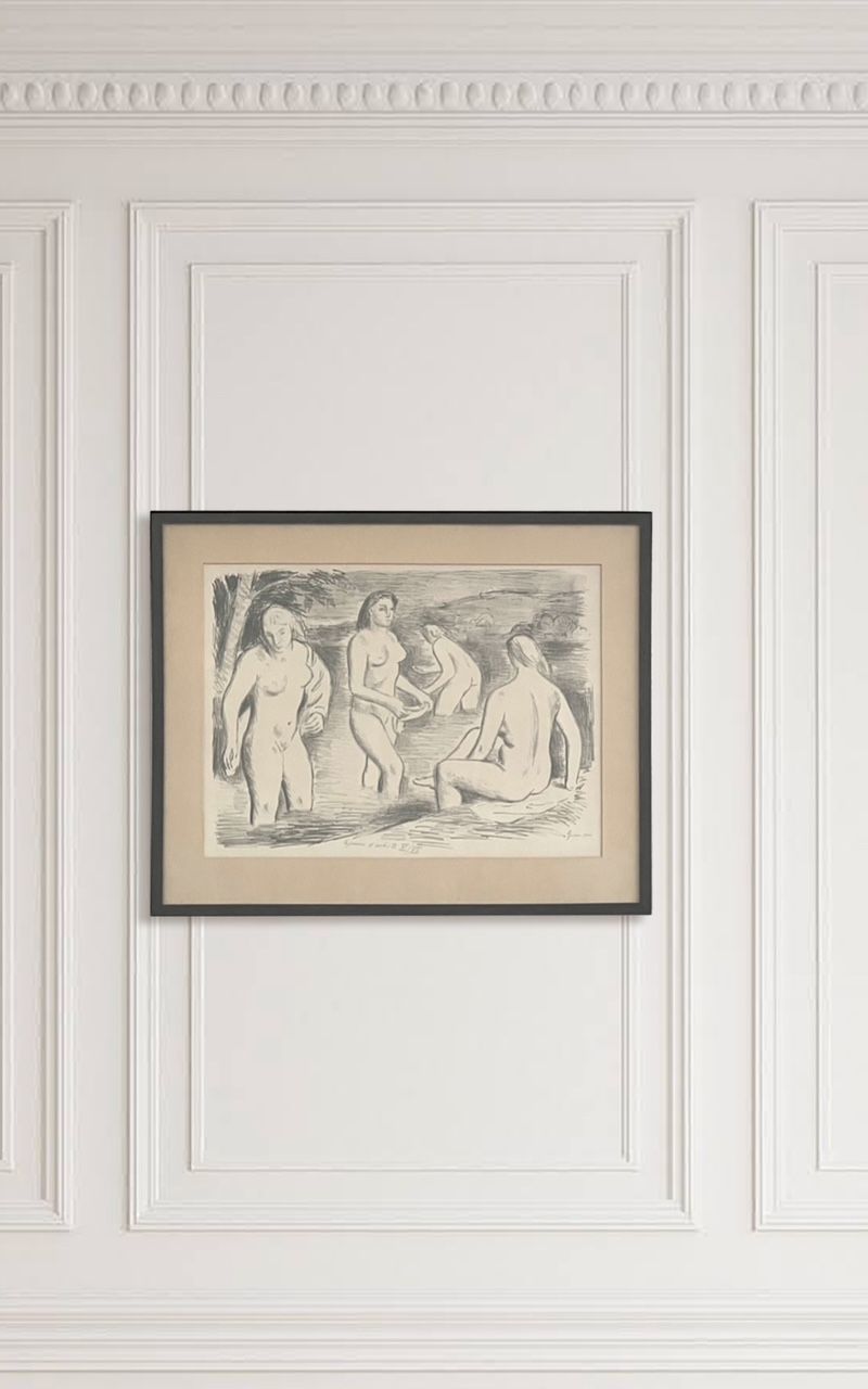 Vintage lithograph depicting four nude female bathers in landscape