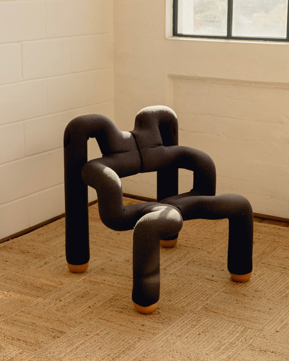 Post-Modern Ekstrem Chair by Terje Ekstrom Norway 1984 — close-up of black fabric upholstery
