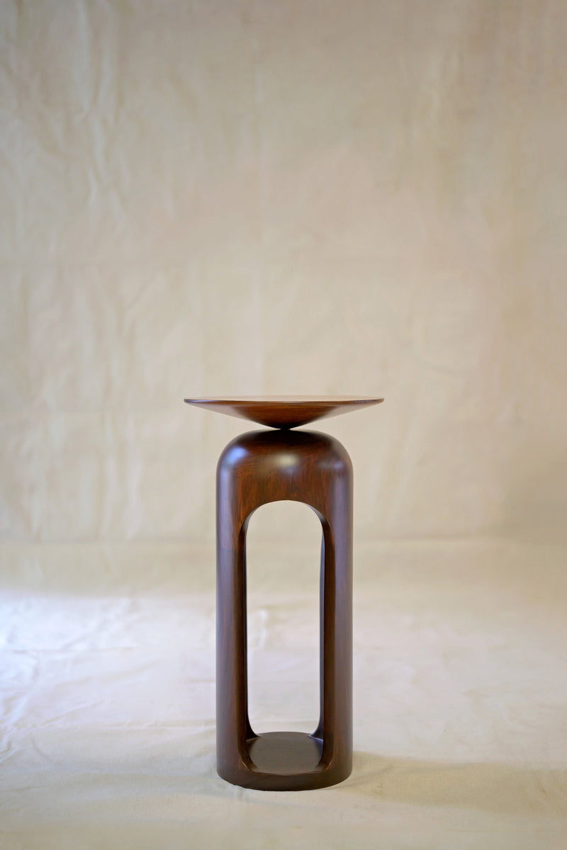 Modern walnut T-shaped side table with cylindrical base by Studio Indigene