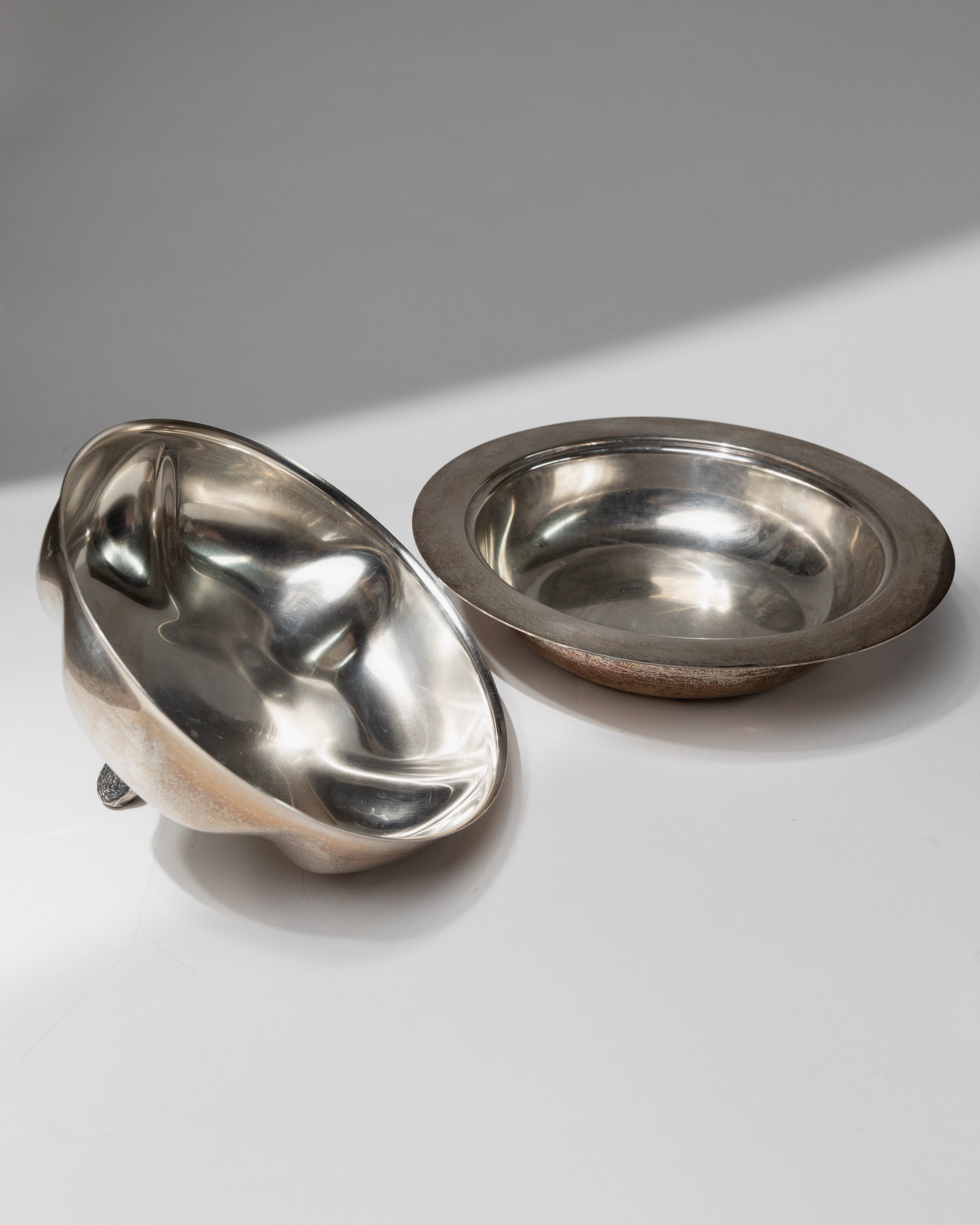 Silver plated bowl with lid separated showing interior detail